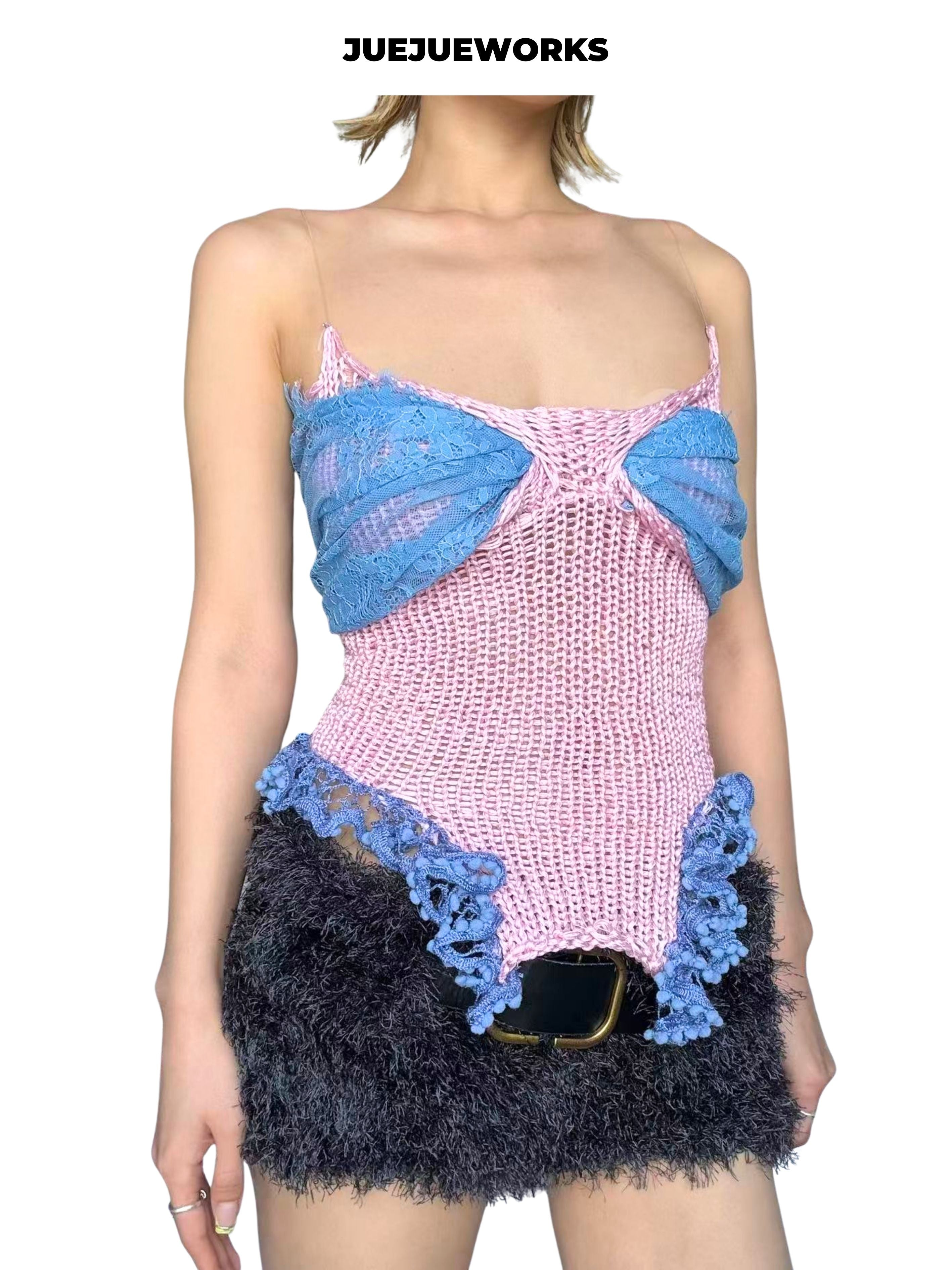 JUEJUEWORKS Pink Blue Mermaid Knit Cami, High Stretch Adjustable Handmade Yarn Knit Summer Crop Top