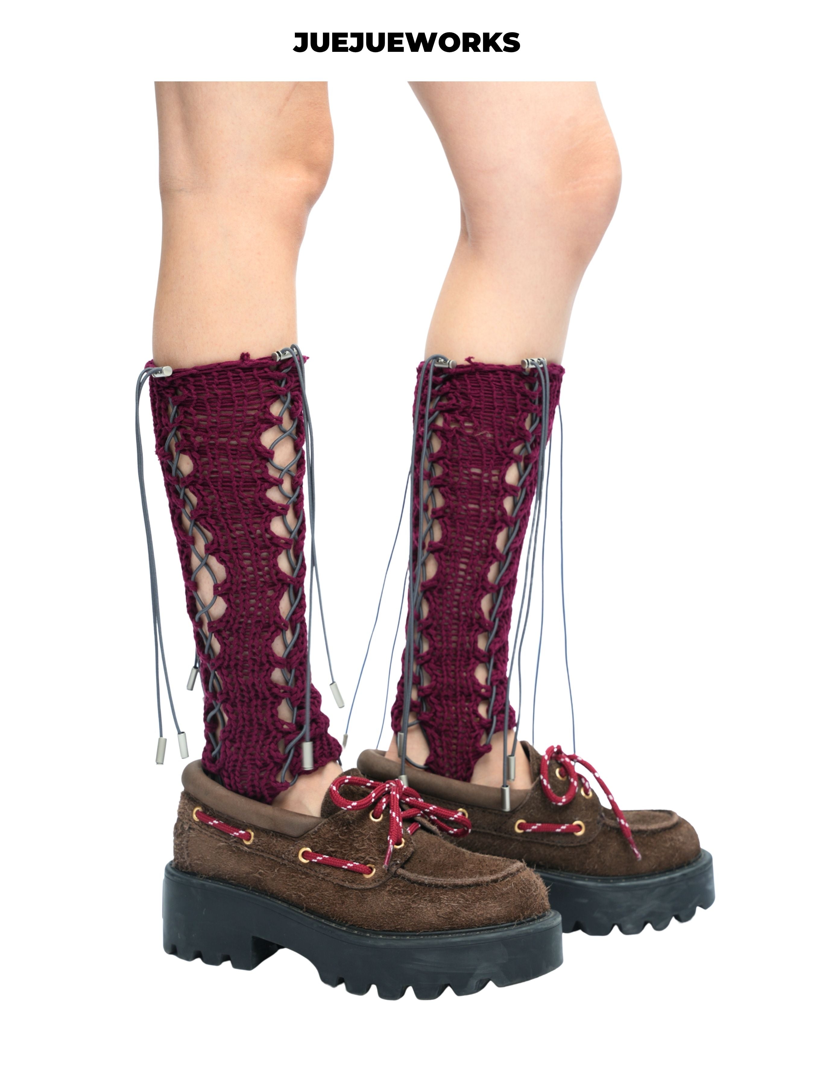 JUEJUEWORKS Burgundy Openwork Lace-Up Knit Leg Warmers, Mid-Calf Handmade Drawstring Leg Sleeves