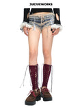JUEJUEWORKS Burgundy Openwork Lace-Up Knit Leg Warmers, Mid-Calf Handmade Drawstring Leg Sleeves