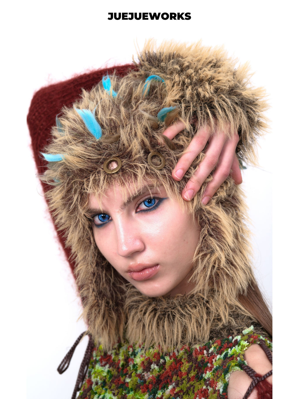 JUEJUEWORKS Brown Fluffy Ear Hat, Stylish Fuzzy Warm Earflap Hat, High-Stretch Handmade Yarn Knit