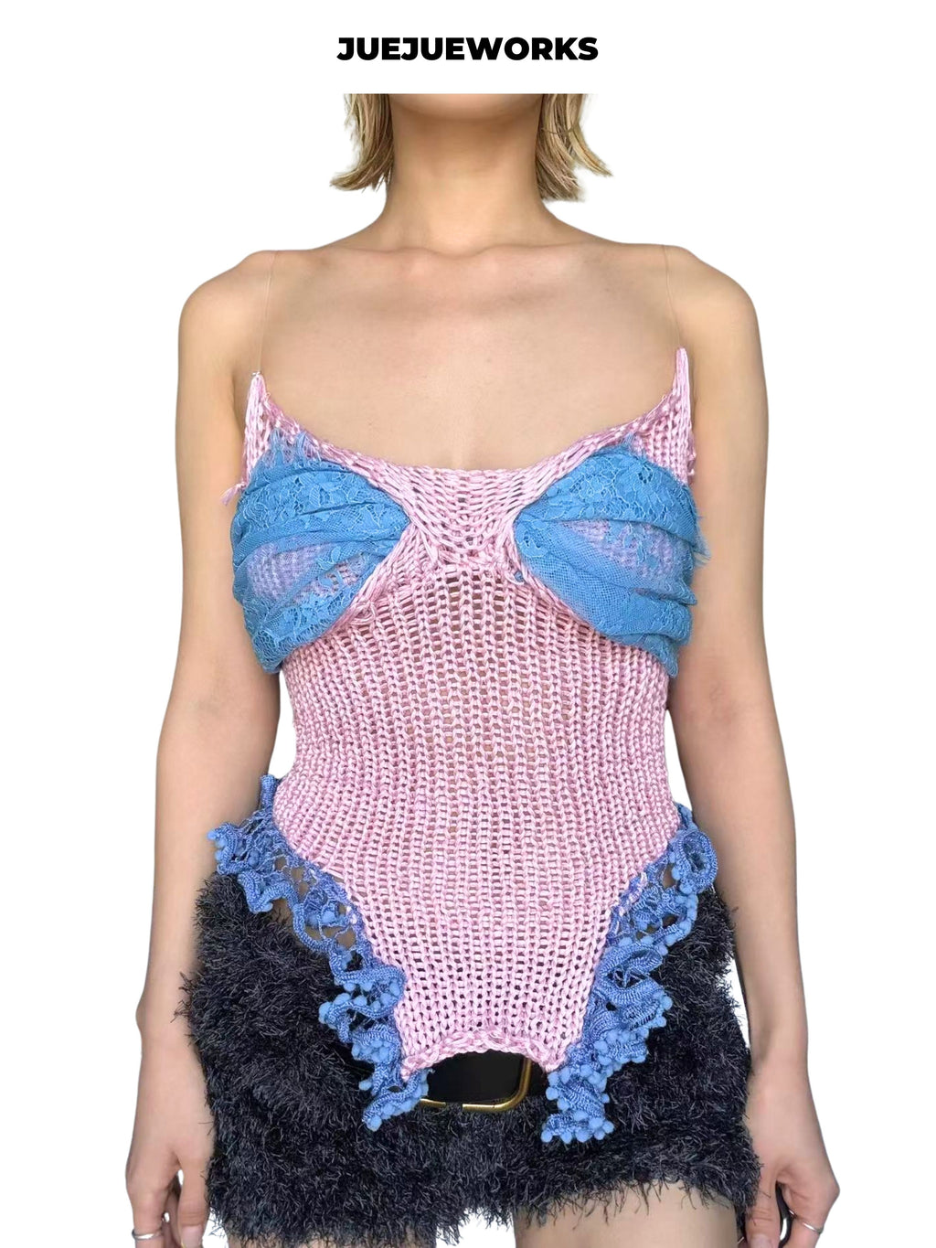 JUEJUEWORKS Pink Blue Mermaid Knit Cami, High Stretch Adjustable Handmade Yarn Knit Summer Crop Top