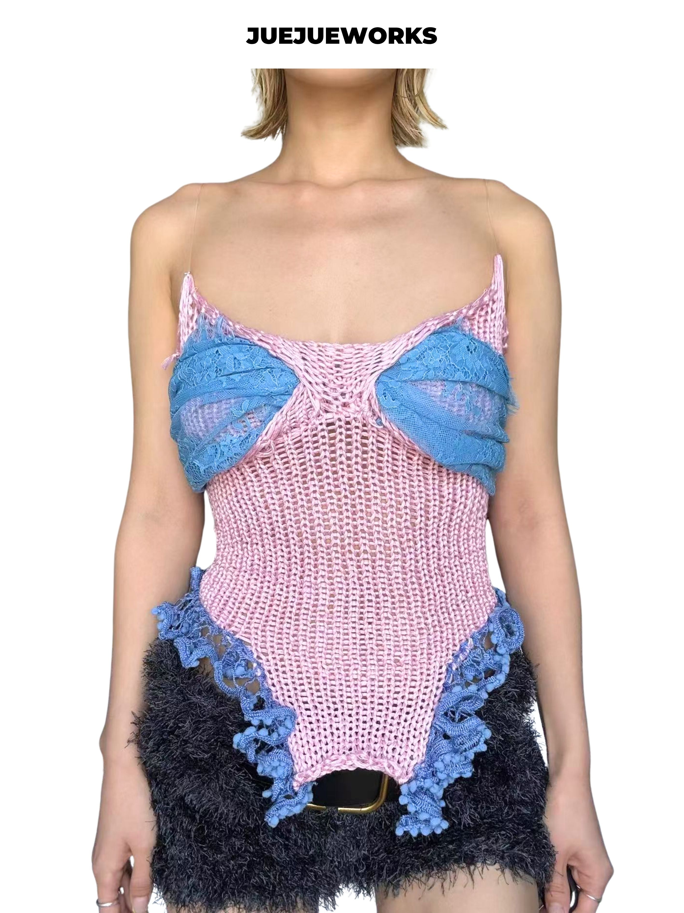JUEJUEWORKS Pink Blue Mermaid Knit Cami, High Stretch Adjustable Handmade Yarn Knit Summer Crop Top