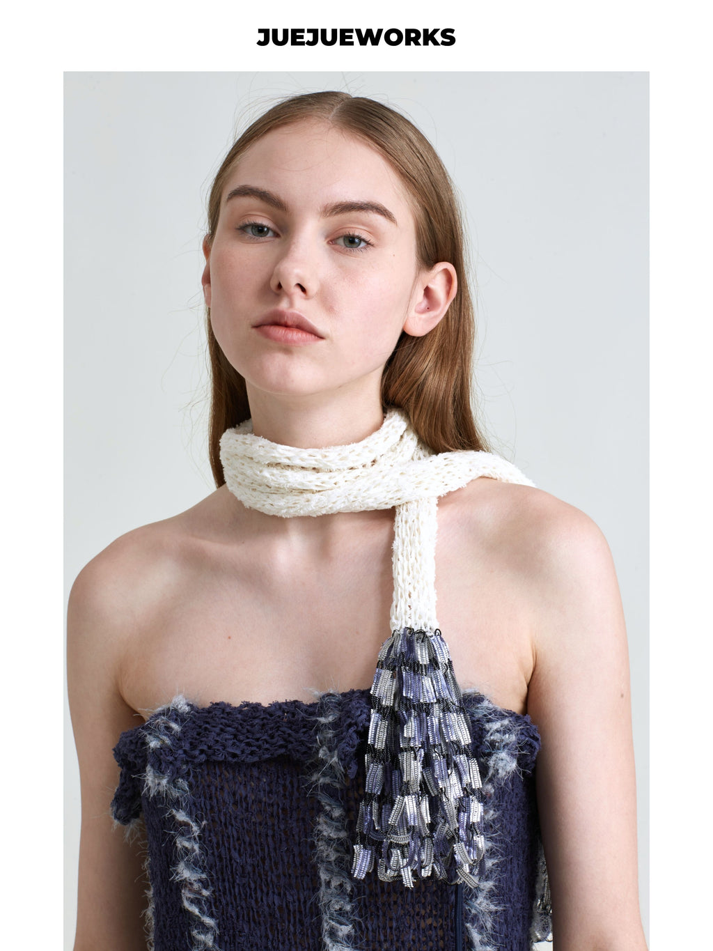 JUEJUEWORKS Dark Blue Frayed Fringe Knit Midi Skirt, Strapless Hollow Out Handmade Knit Body Skirt