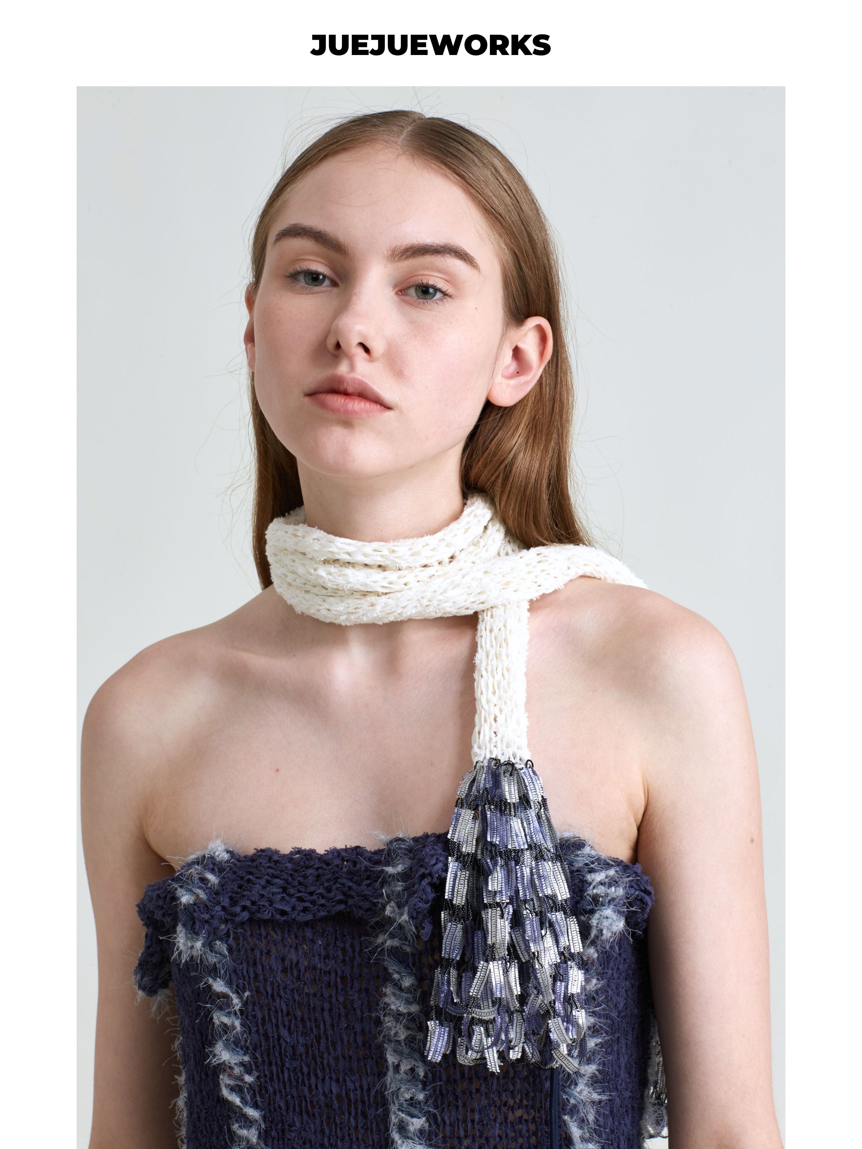 JUEJUEWORKS Dark Blue Frayed Fringe Knit Midi Skirt, Strapless Hollow Out Handmade Knit Body Skirt