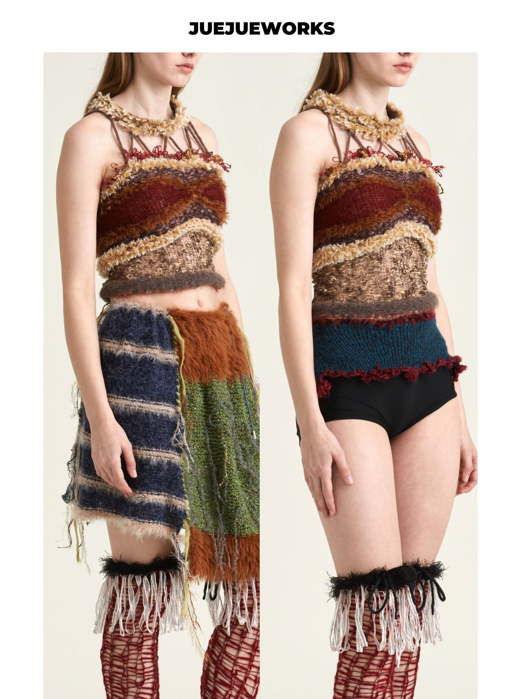 JUEJUEWORKS Distressed Fringe Lace-Up Knit Cami, Hollow Out High Stretch Handmade Knit Crop Top, Long & Short Two Versions