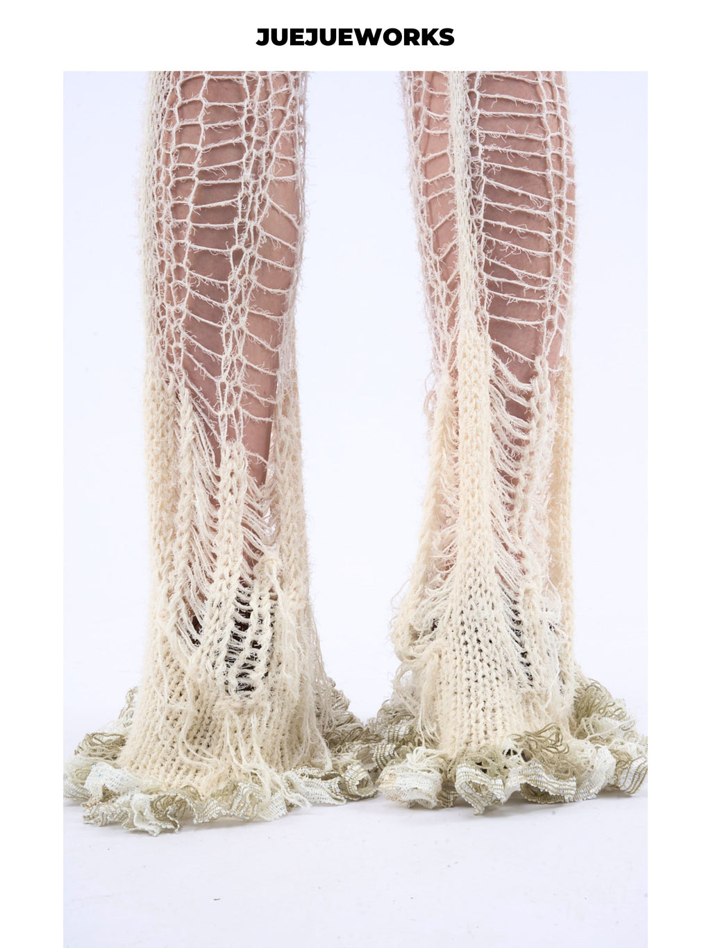 JUEJUEWORKS White Ripped Knit Pants,High Elastic Breathable Slim Fit 100% Hand-Knit Wool Knit Trousers