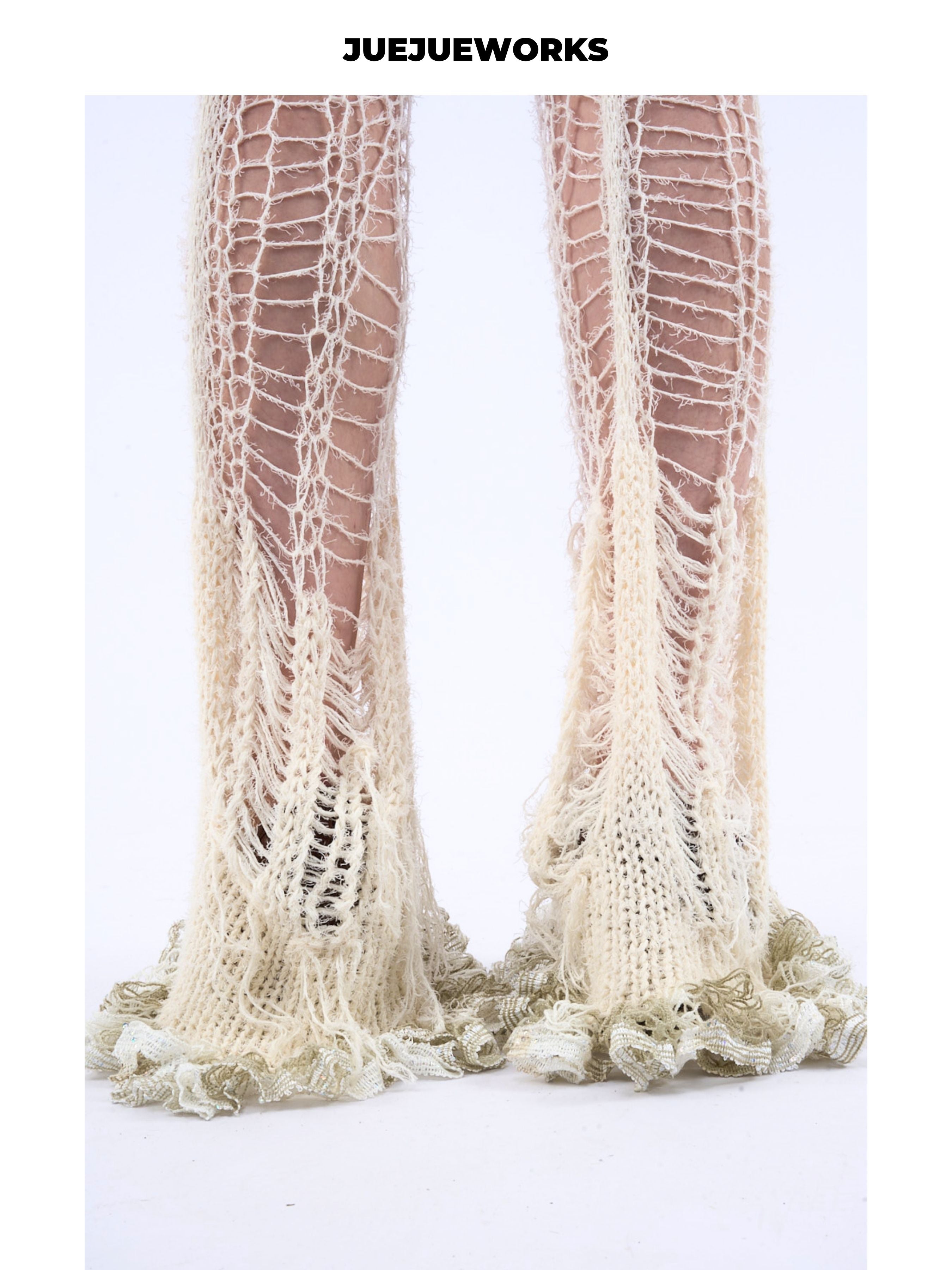 JUEJUEWORKS White Ripped Knit Pants,High Elastic Breathable Slim Fit 100% Hand-Knit Wool Knit Trousers