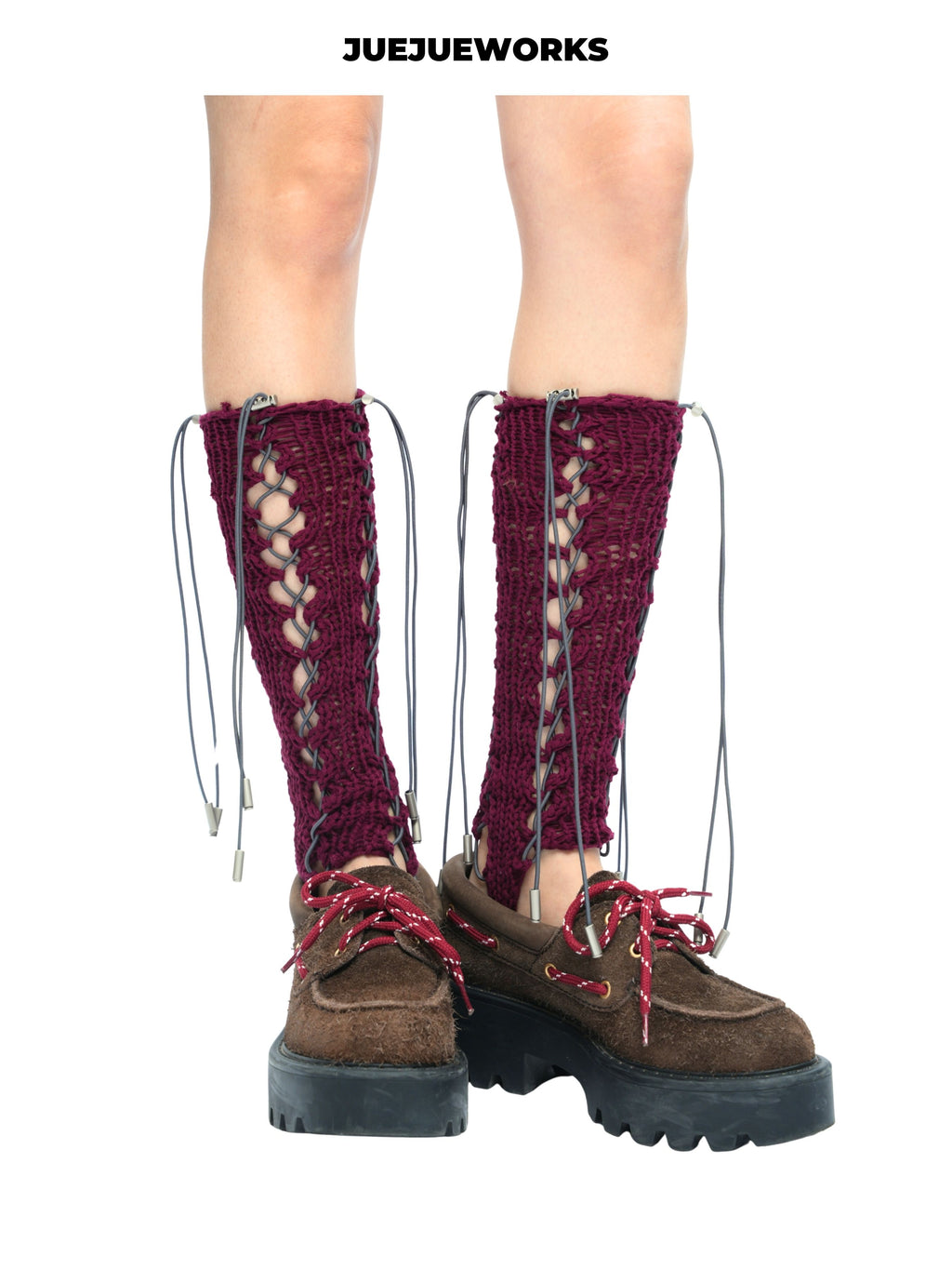 JUEJUEWORKS Burgundy Openwork Lace-Up Knit Leg Warmers, Mid-Calf Handmade Drawstring Leg Sleeves