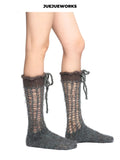 JUEJUEWORKS Grey Distressed Openwork Knit Socks, Drawstring Cuff Sheer Mesh Mid Calf Socks