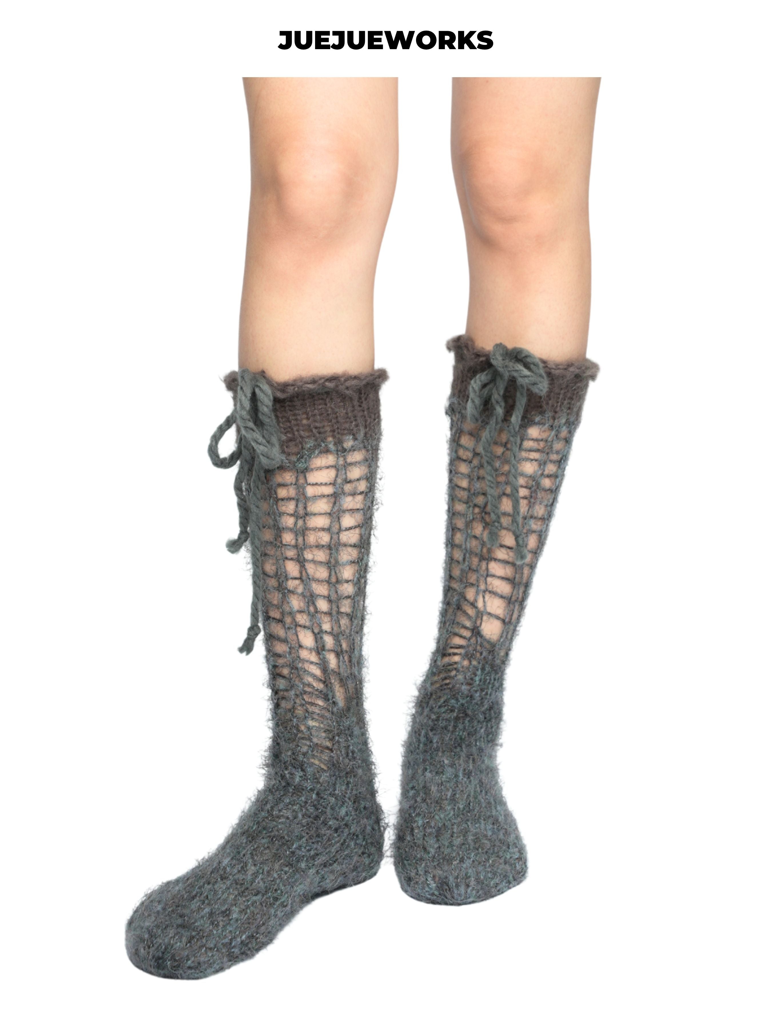 JUEJUEWORKS Grey Distressed Openwork Knit Socks, Drawstring Cuff Sheer Mesh Mid Calf Socks