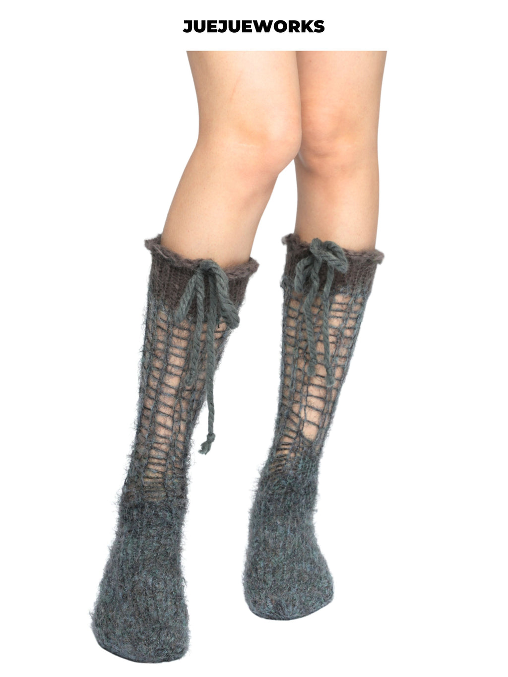JUEJUEWORKS Grey Distressed Openwork Knit Socks, Drawstring Cuff Sheer Mesh Mid Calf Socks