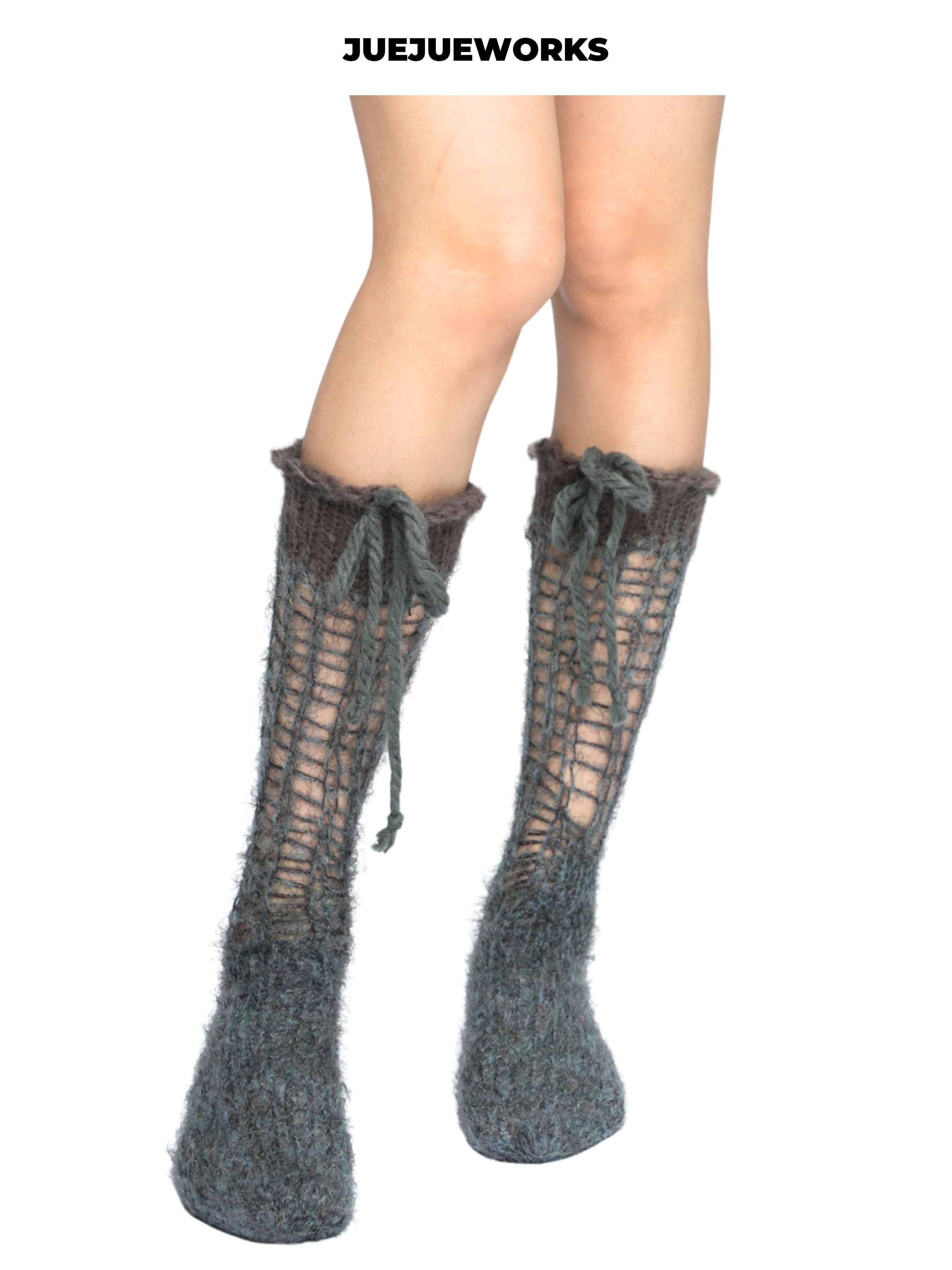 JUEJUEWORKS Grey Distressed Openwork Knit Socks, Drawstring Cuff Sheer Mesh Mid Calf Socks