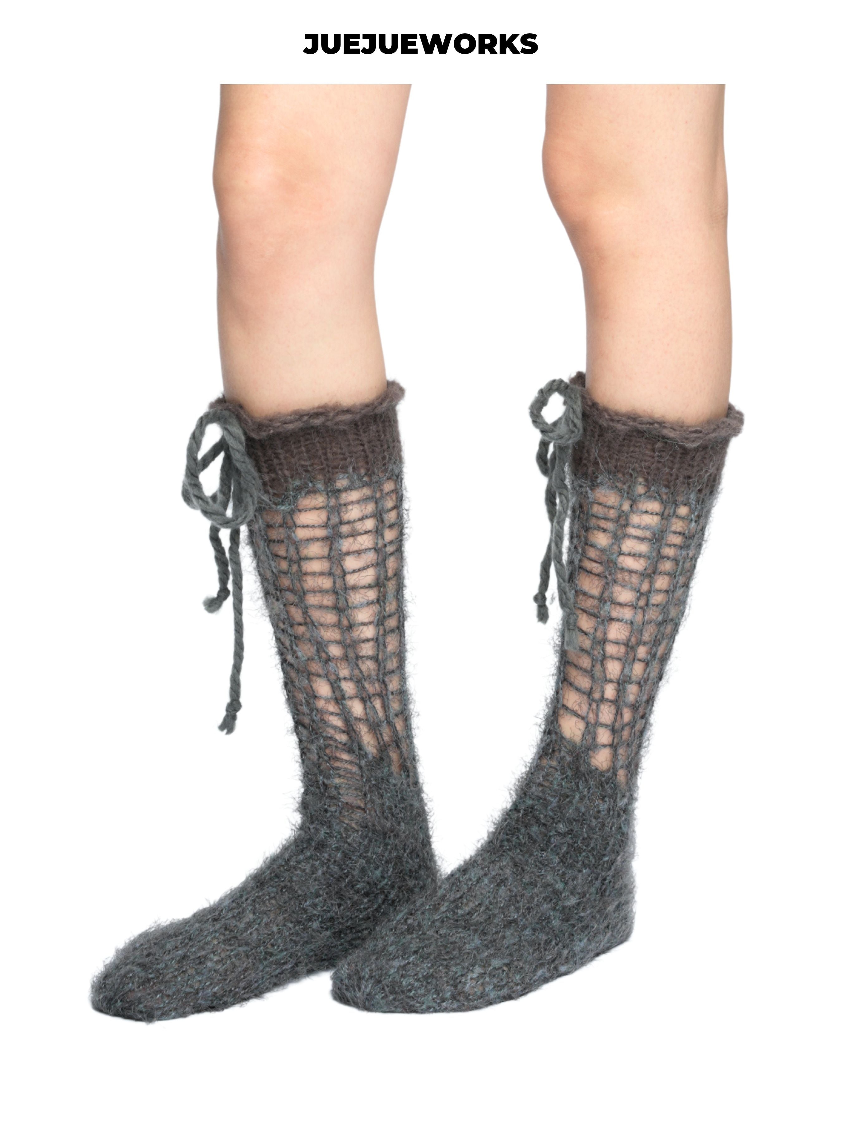 JUEJUEWORKS Grey Distressed Openwork Knit Socks, Drawstring Cuff Sheer Mesh Mid Calf Socks