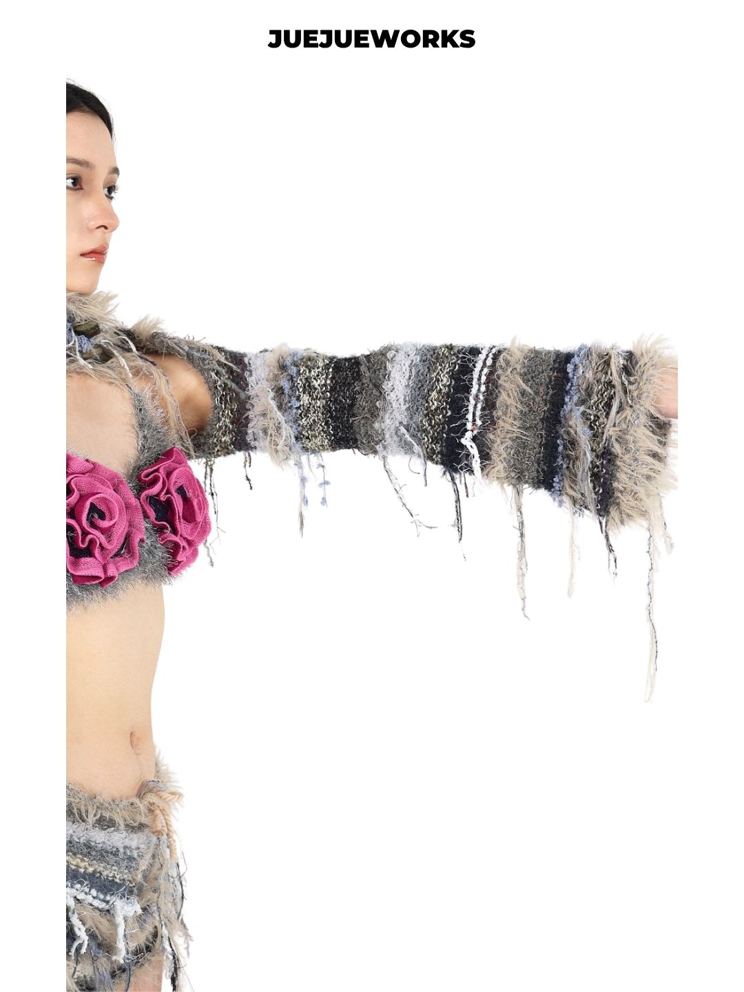 JUEJUEWORKS Handmade Distressed Knit Bolero Shrug - Grey Multi