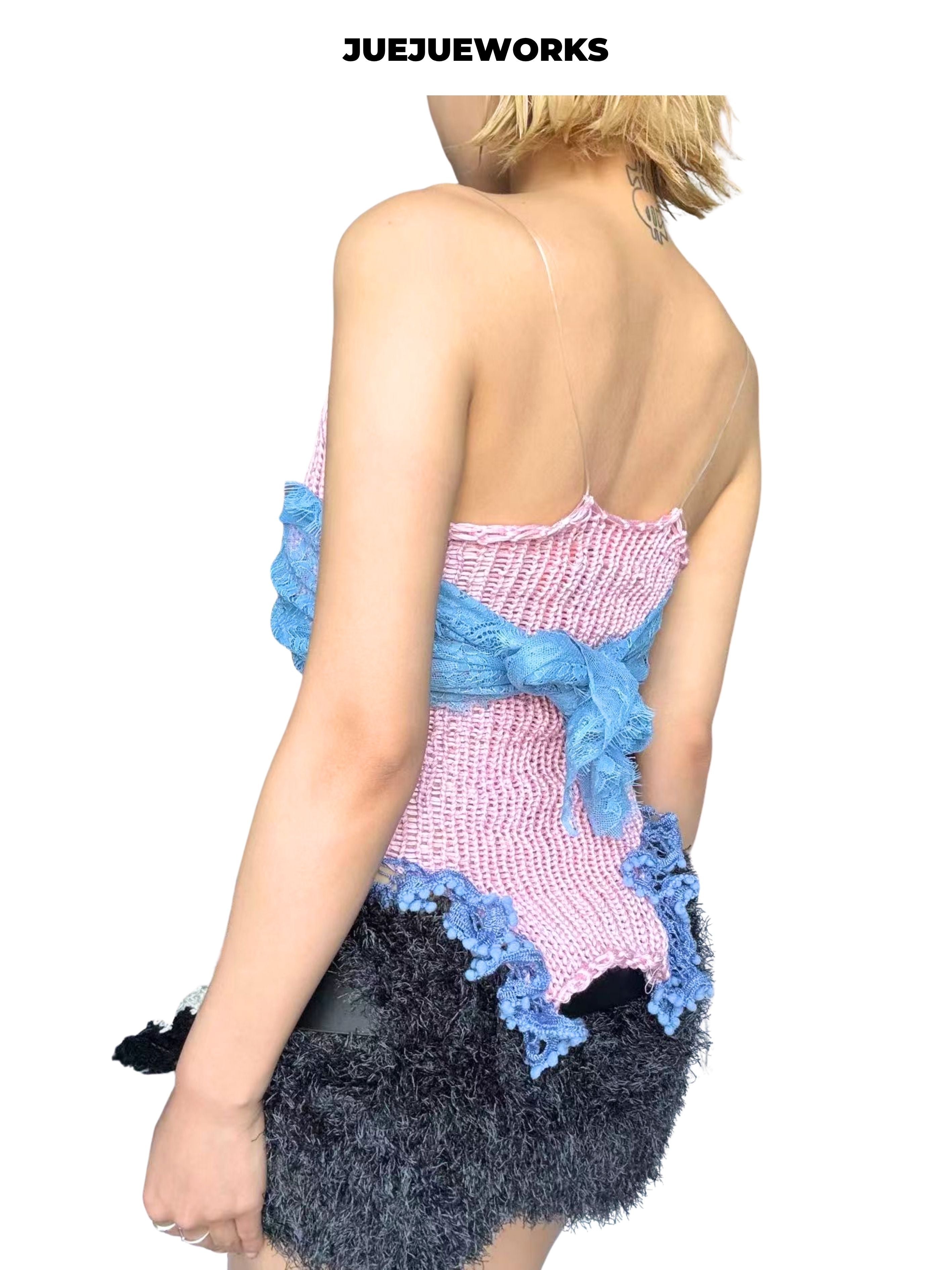 JUEJUEWORKS Pink Blue Mermaid Knit Cami, High Stretch Adjustable Handmade Yarn Knit Summer Crop Top