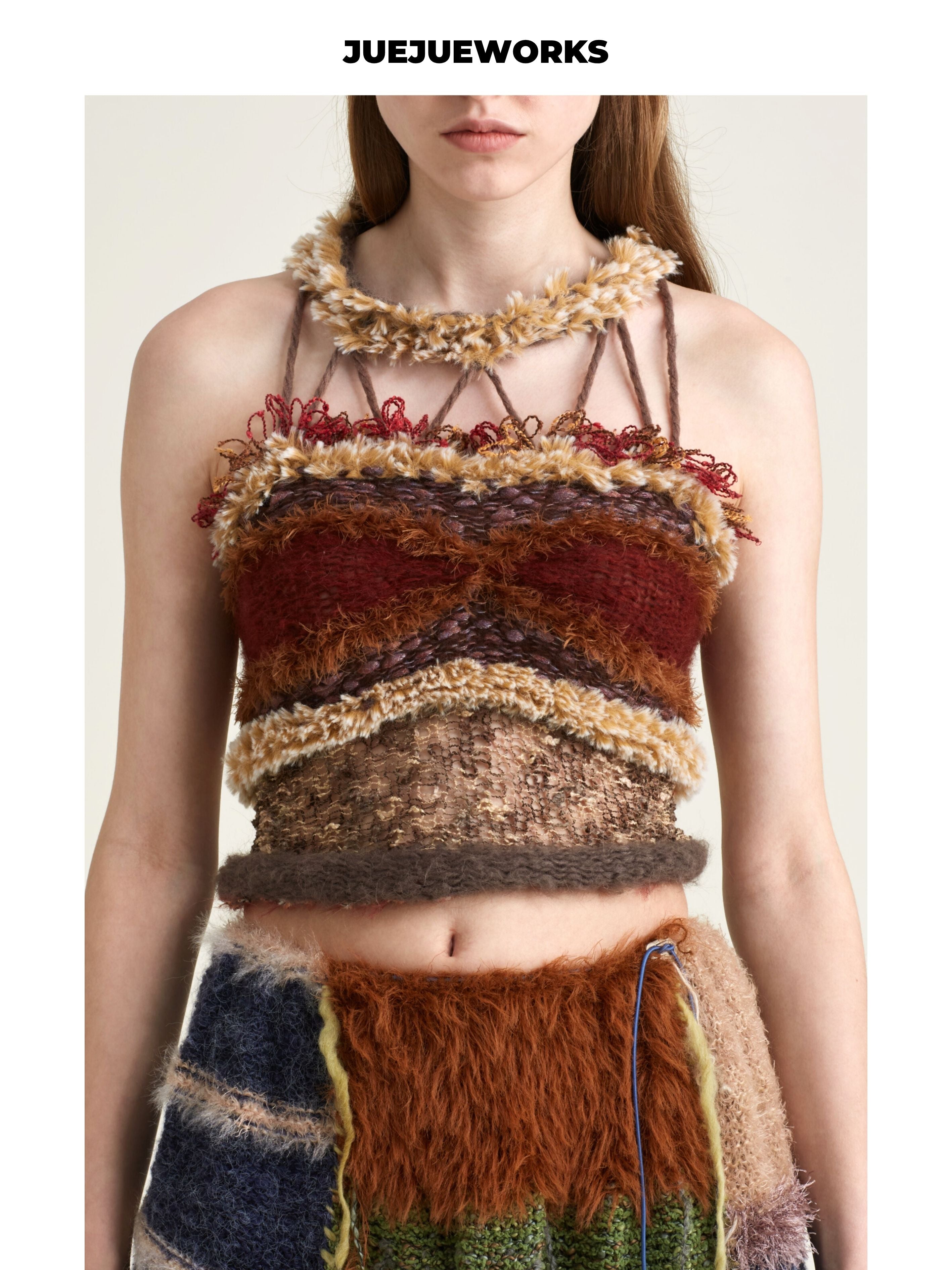 JUEJUEWORKS Distressed Fringe Lace-Up Knit Cami, Hollow Out High Stretch Handmade Knit Crop Top, Long & Short Two Versions