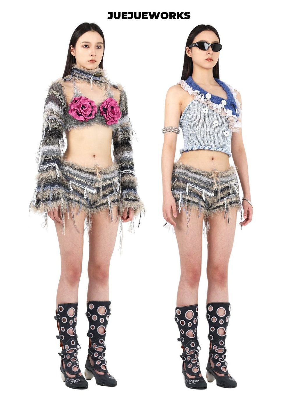 JUEJUEWORKS Hand-Knit Spliced Shaggy Drawstring Shorts Avant-Garde High-Elasticity Fuzzy Knit Shorts