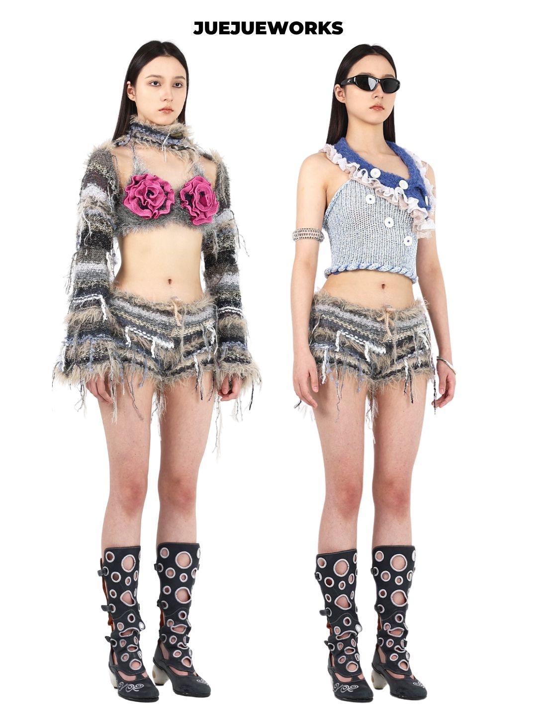 JUEJUEWORKS Hand-Knit Spliced Shaggy Drawstring Shorts Avant-Garde High-Elasticity Fuzzy Knit Shorts