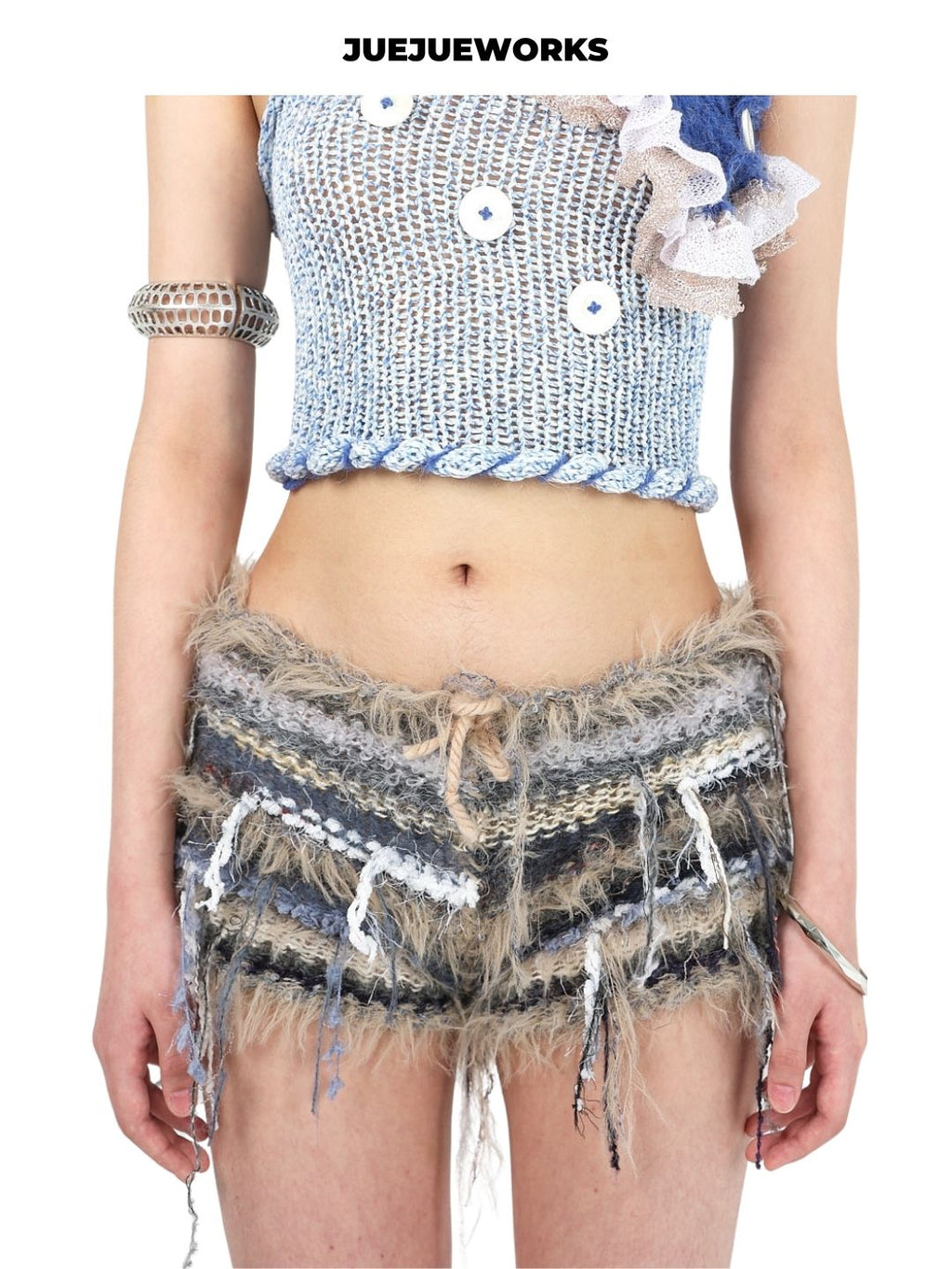 JUEJUEWORKS Hand-Knit Spliced Shaggy Drawstring Shorts Avant-Garde High-Elasticity Fuzzy Knit Shorts