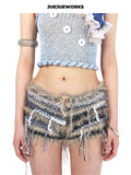 JUEJUEWORKS Hand-Knit Spliced Shaggy Drawstring Shorts Avant-Garde High-Elasticity Fuzzy Knit Shorts