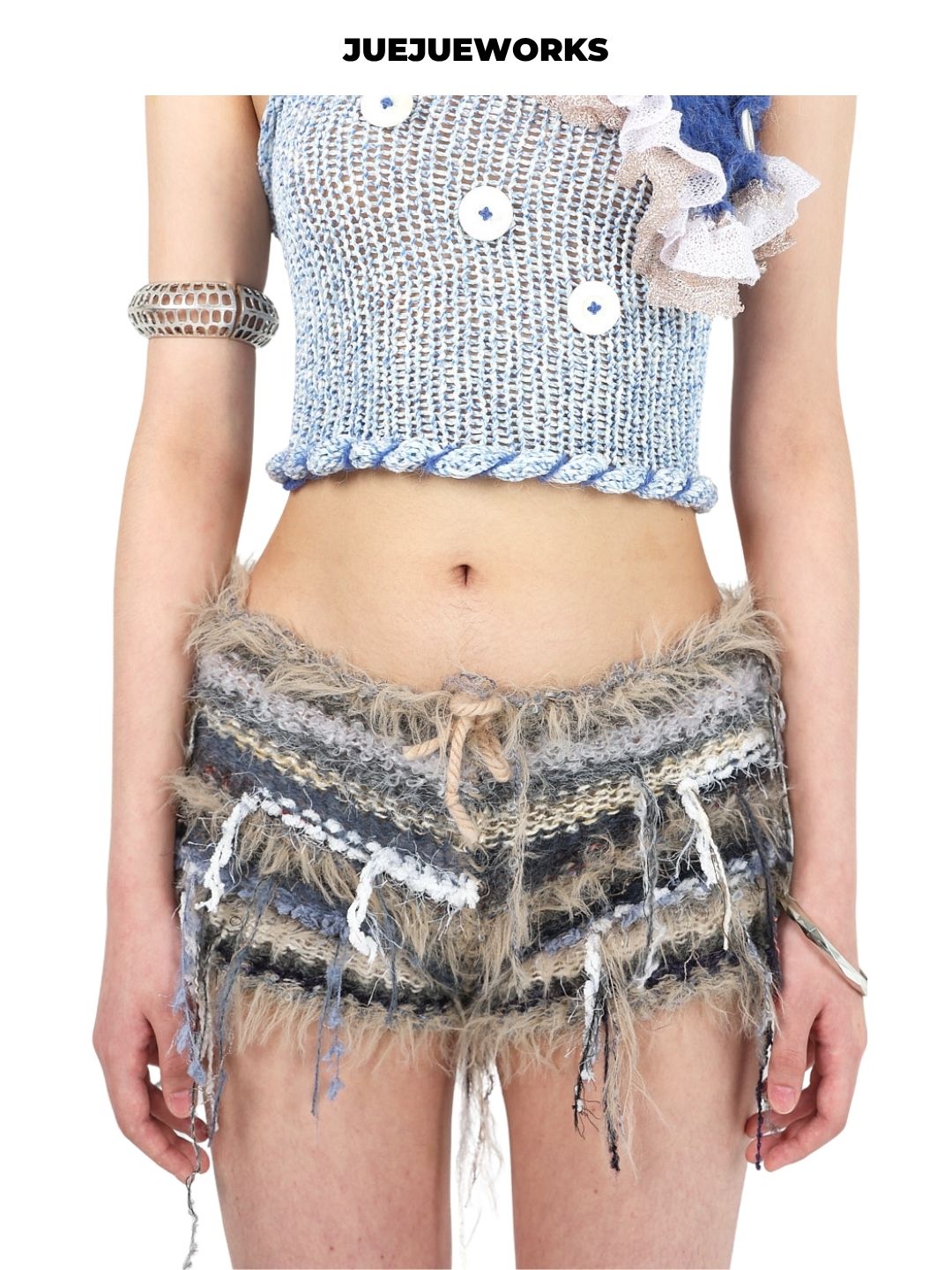 JUEJUEWORKS Hand-Knit Spliced Shaggy Drawstring Shorts Avant-Garde High-Elasticity Fuzzy Knit Shorts