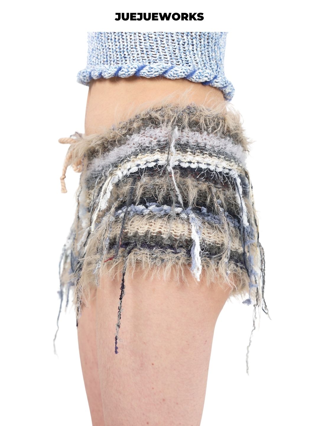JUEJUEWORKS Hand-Knit Spliced Shaggy Drawstring Shorts Avant-Garde High-Elasticity Fuzzy Knit Shorts