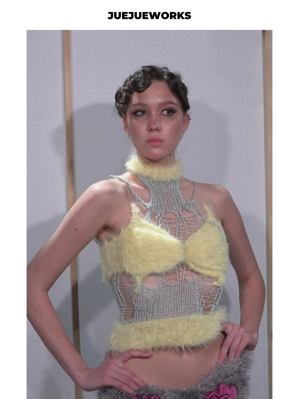 JUEJUEWORKS Yellow Butterfly Fuzzy Cami Top, Runway Limited Edition, Summer Slight Stretch Adjustable Handmade Yarn Knit Camisole