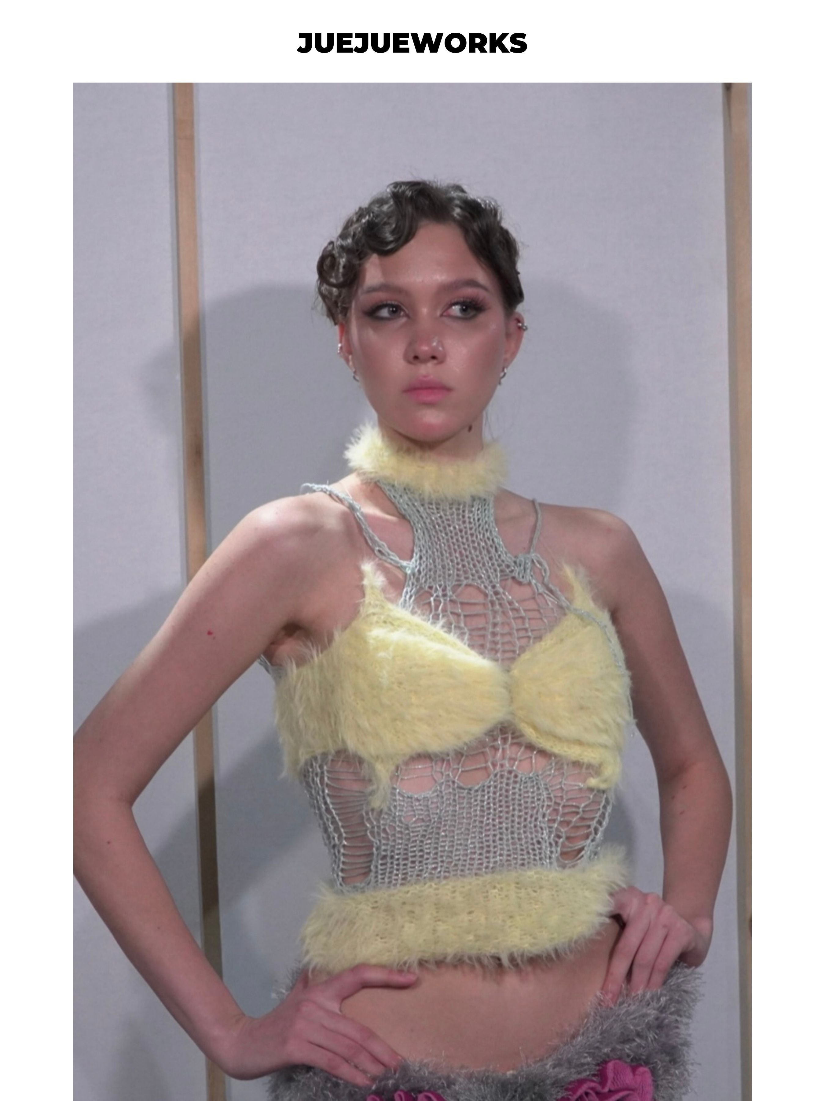 JUEJUEWORKS Yellow Butterfly Fuzzy Cami Top, Runway Limited Edition, Summer Slight Stretch Adjustable Handmade Yarn Knit Camisole
