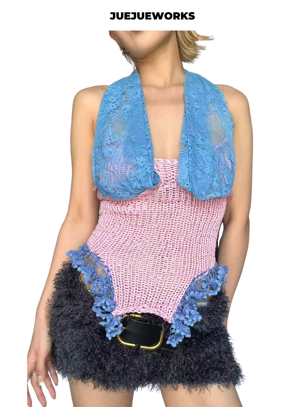 JUEJUEWORKS Pink Blue Mermaid Knit Cami, High Stretch Adjustable Handmade Yarn Knit Summer Crop Top