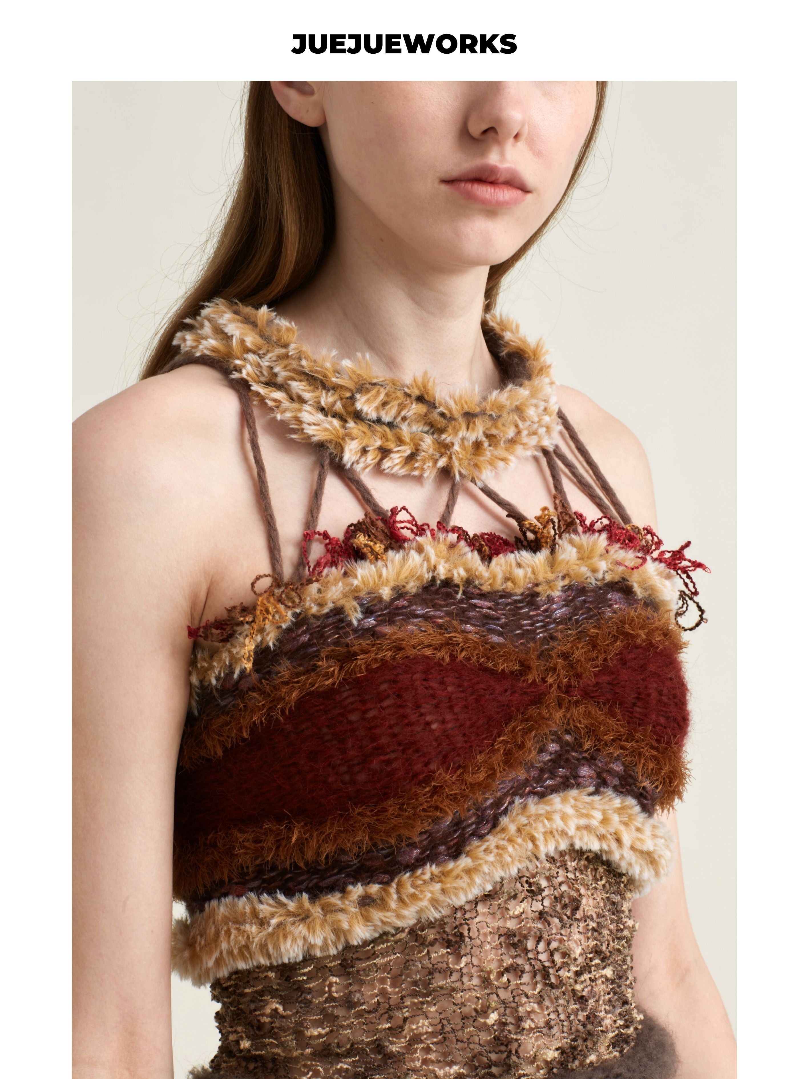JUEJUEWORKS Distressed Fringe Lace-Up Knit Cami, Hollow Out High Stretch Handmade Knit Crop Top, Long & Short Two Versions