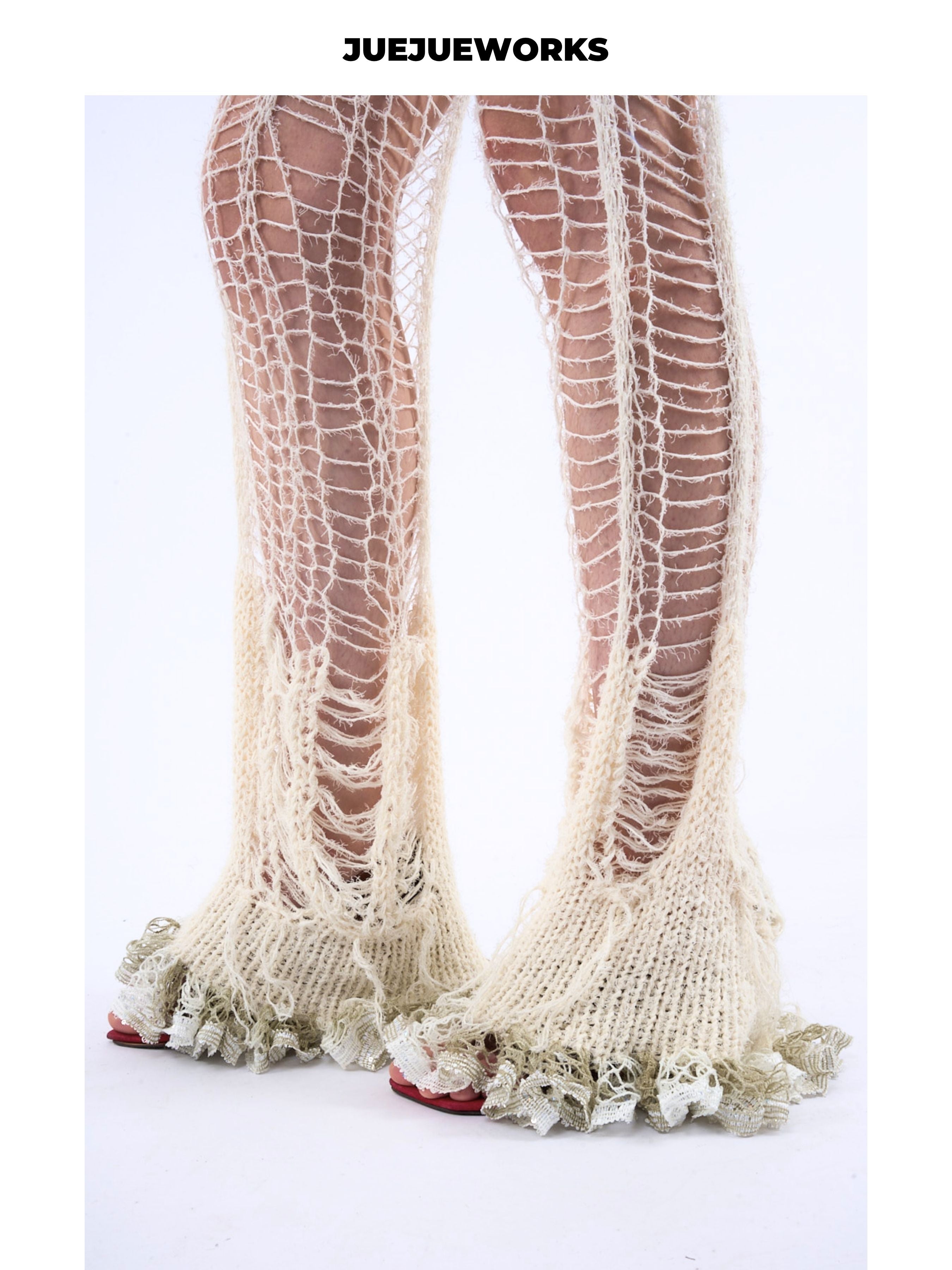 JUEJUEWORKS White Ripped Knit Pants,High Elastic Breathable Slim Fit 100% Hand-Knit Wool Knit Trousers