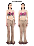 JUEJUEWORKS Original Brown Distressed Knit Pants, High Stretch Breathable Slim Fit Handmade Yarn Knit Trousers