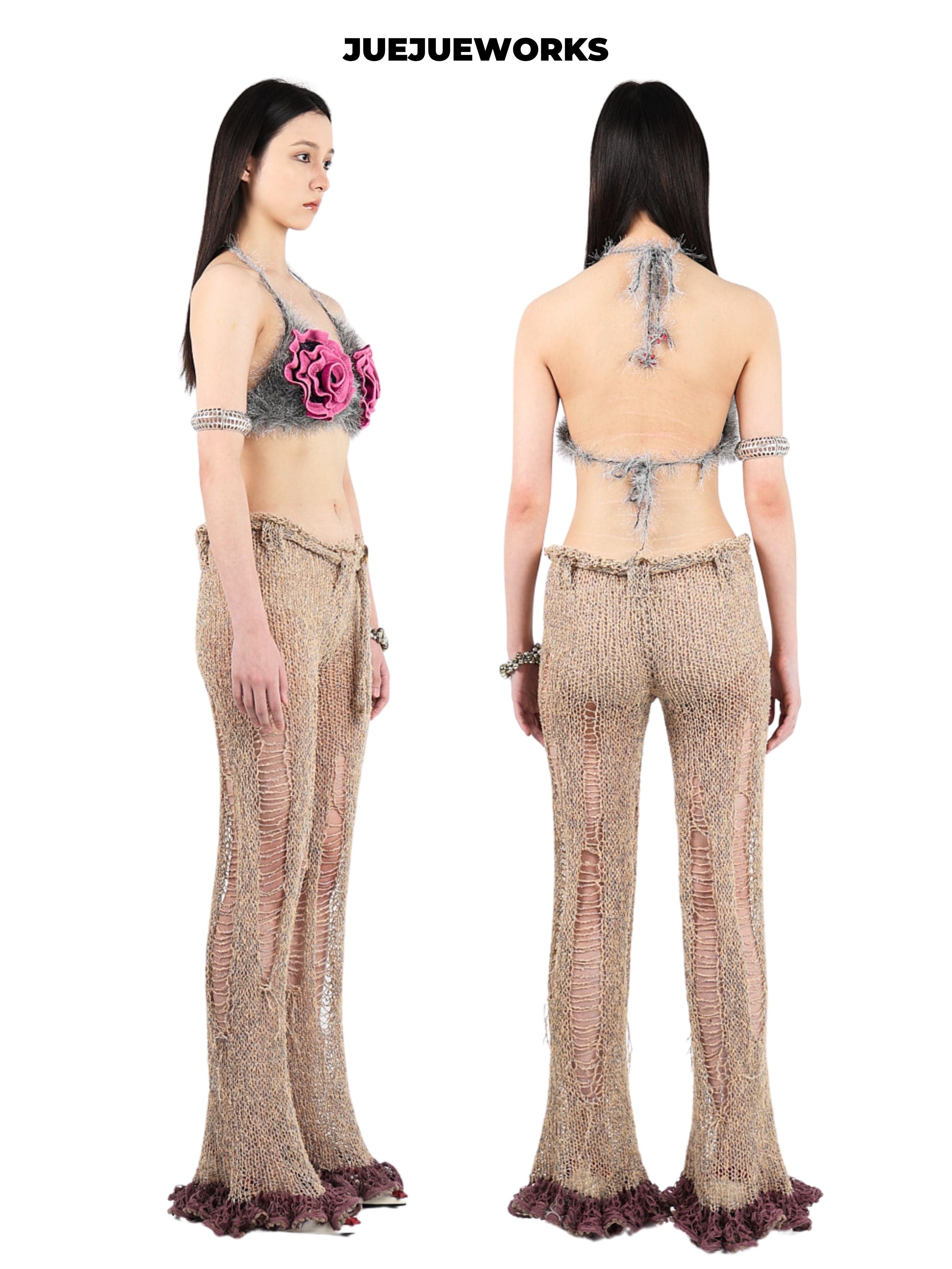 JUEJUEWORKS Original Brown Distressed Knit Pants, High Stretch Breathable Slim Fit Handmade Yarn Knit Trousers