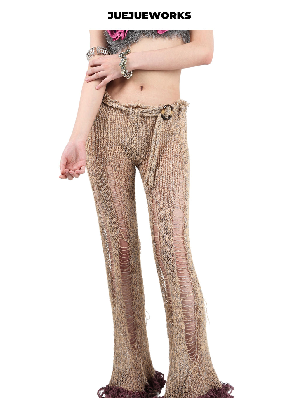 JUEJUEWORKS Original Brown Distressed Knit Pants, High Stretch Breathable Slim Fit Handmade Yarn Knit Trousers