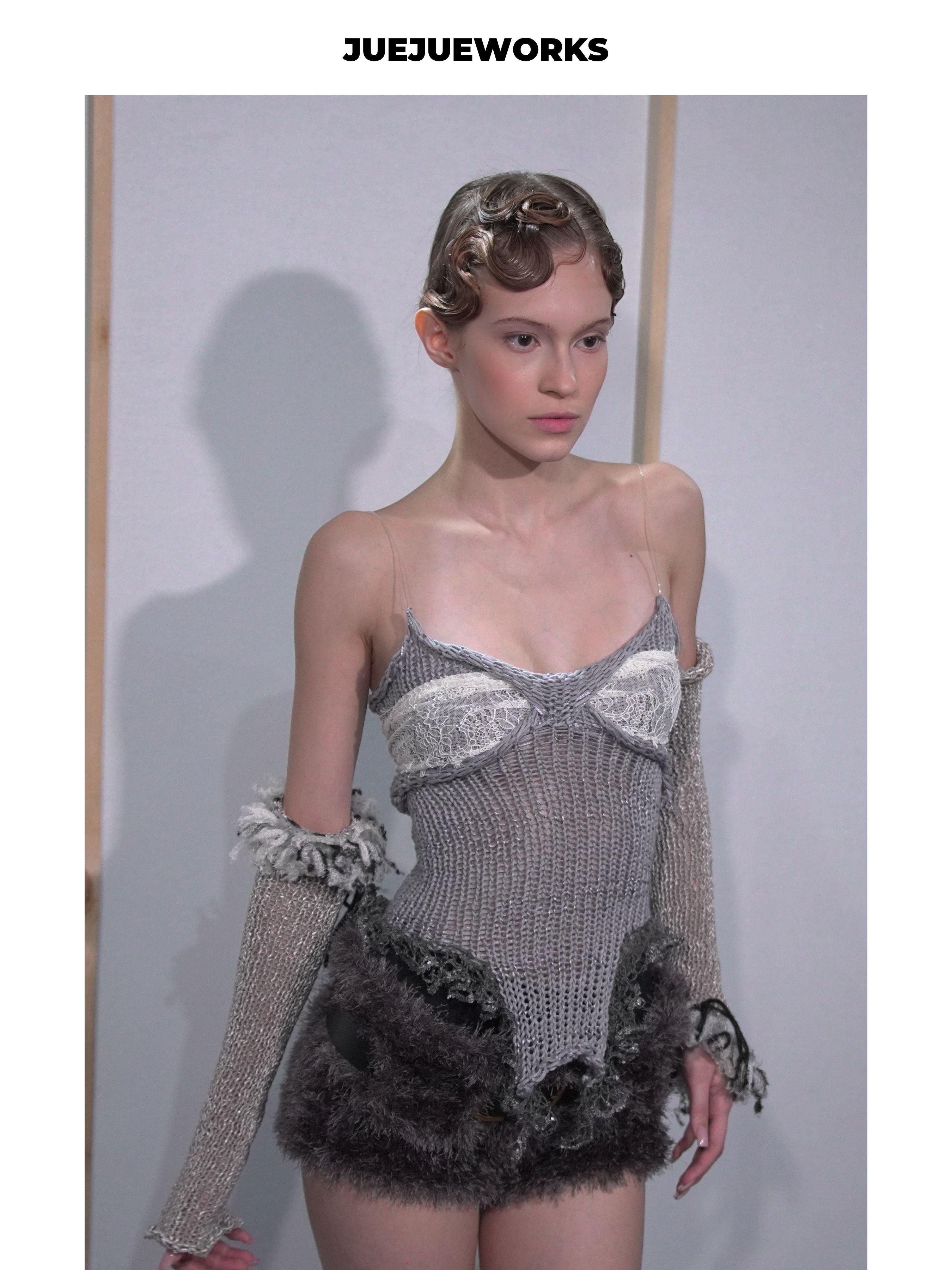 JUEJUEWORKS Grey Mermaid Knit Cami Bodysuit, Summer High Stretch Adjustable Handmade Yarn Knit Runway Layering Top