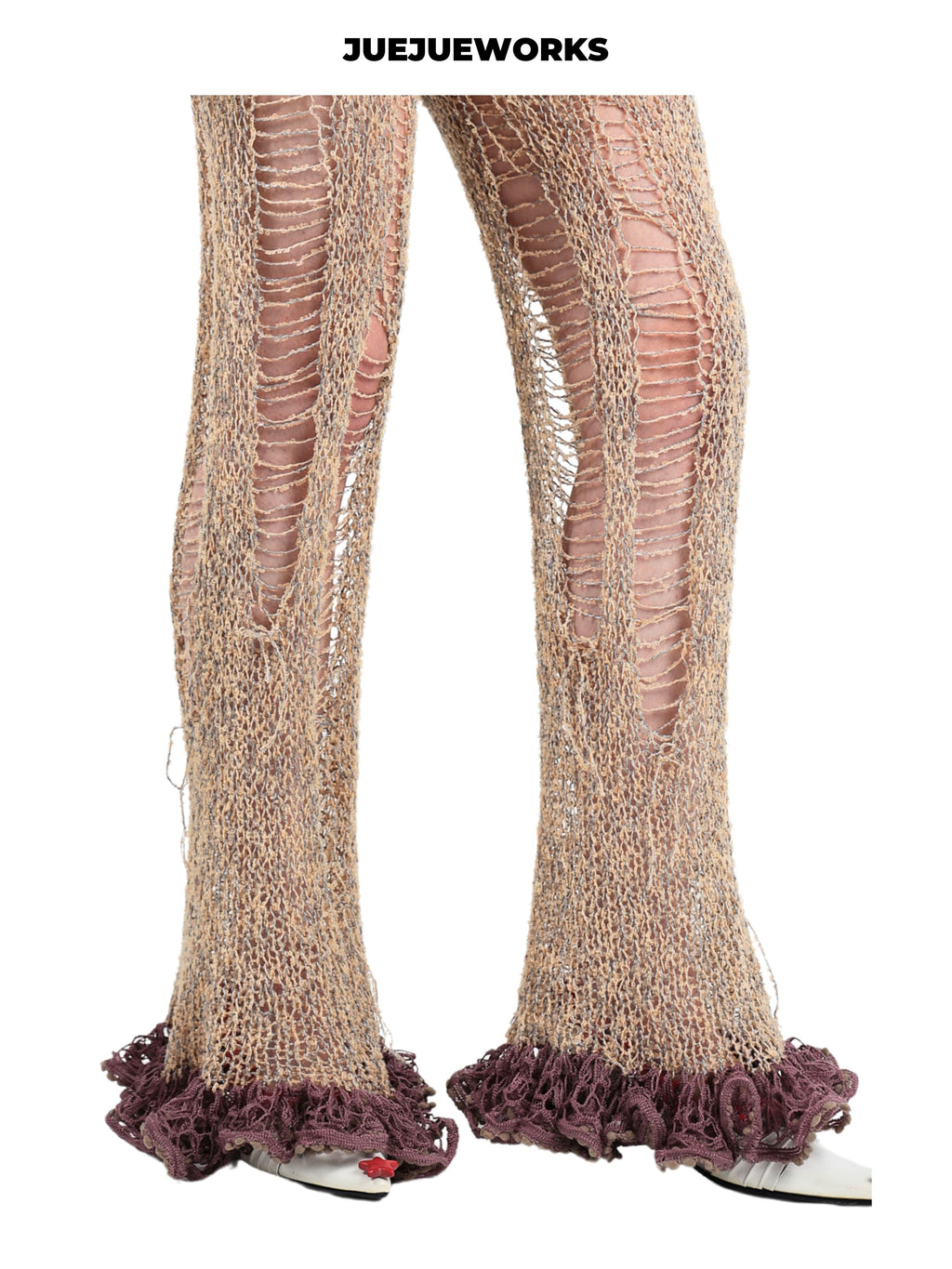 JUEJUEWORKS Original Brown Distressed Knit Pants, High Stretch Breathable Slim Fit Handmade Yarn Knit Trousers