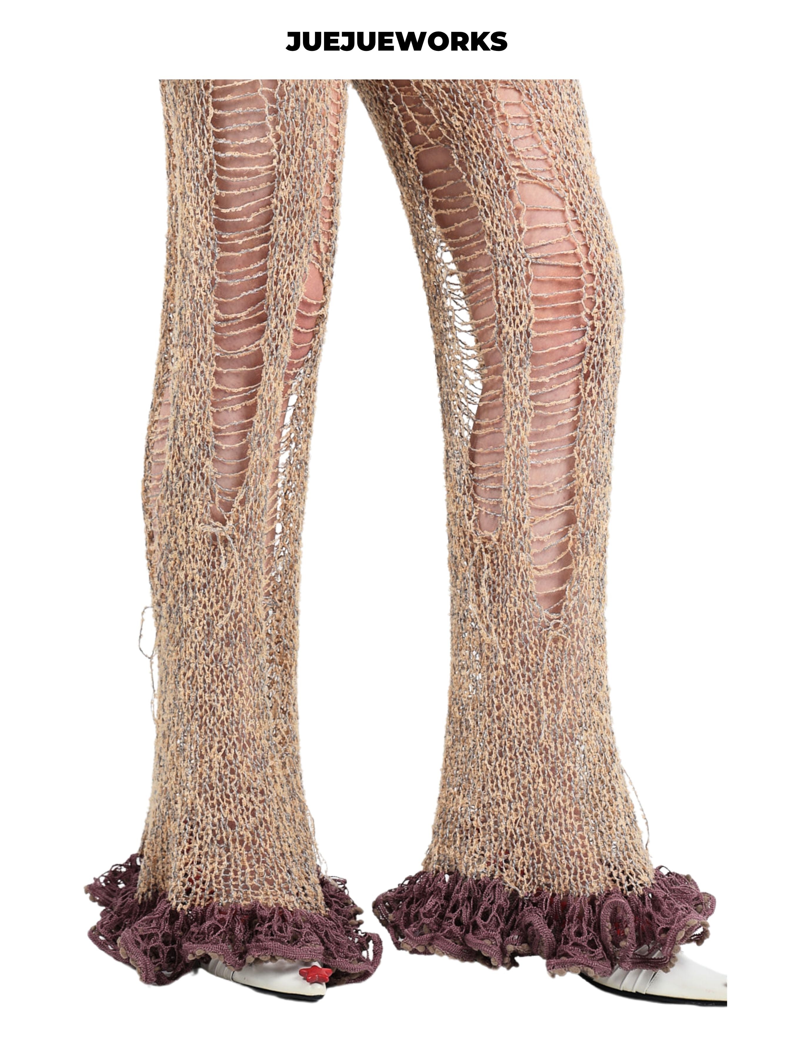 JUEJUEWORKS Original Brown Distressed Knit Pants, High Stretch Breathable Slim Fit Handmade Yarn Knit Trousers