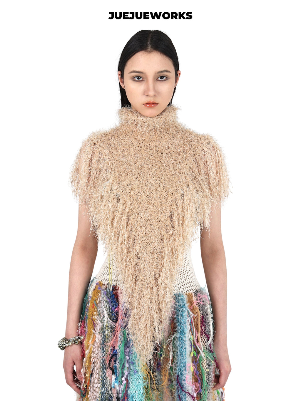 JUEJUEWORKS Original Fringe Cape, High-Stretch Handmade Yarn Knit Raw Edge Asymmetric Top