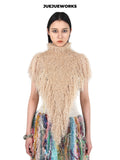 JUEJUEWORKS Original Fringe Cape, High-Stretch Handmade Yarn Knit Raw Edge Asymmetric Top