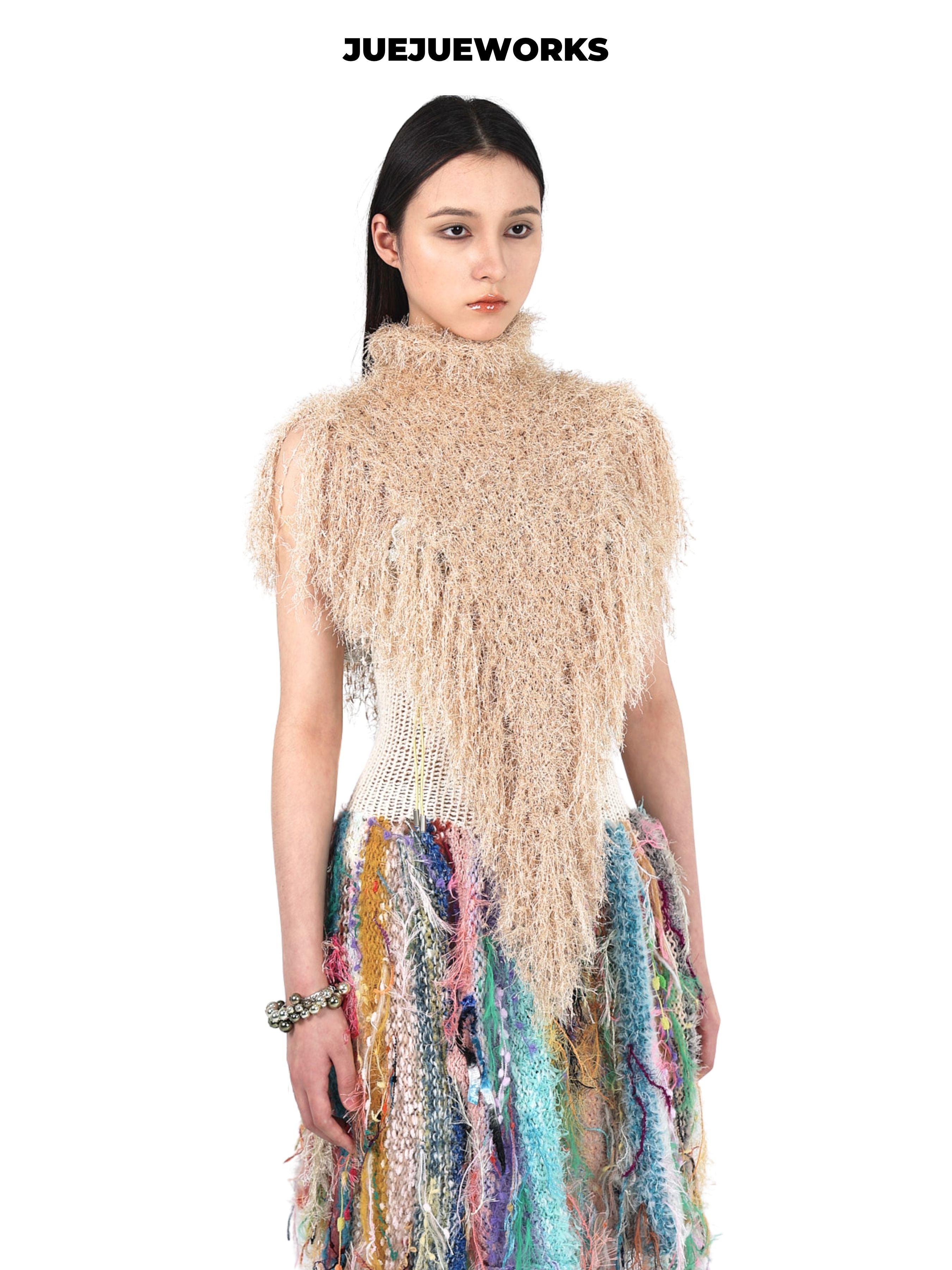 JUEJUEWORKS Original Fringe Cape, High-Stretch Handmade Yarn Knit Raw Edge Asymmetric Top