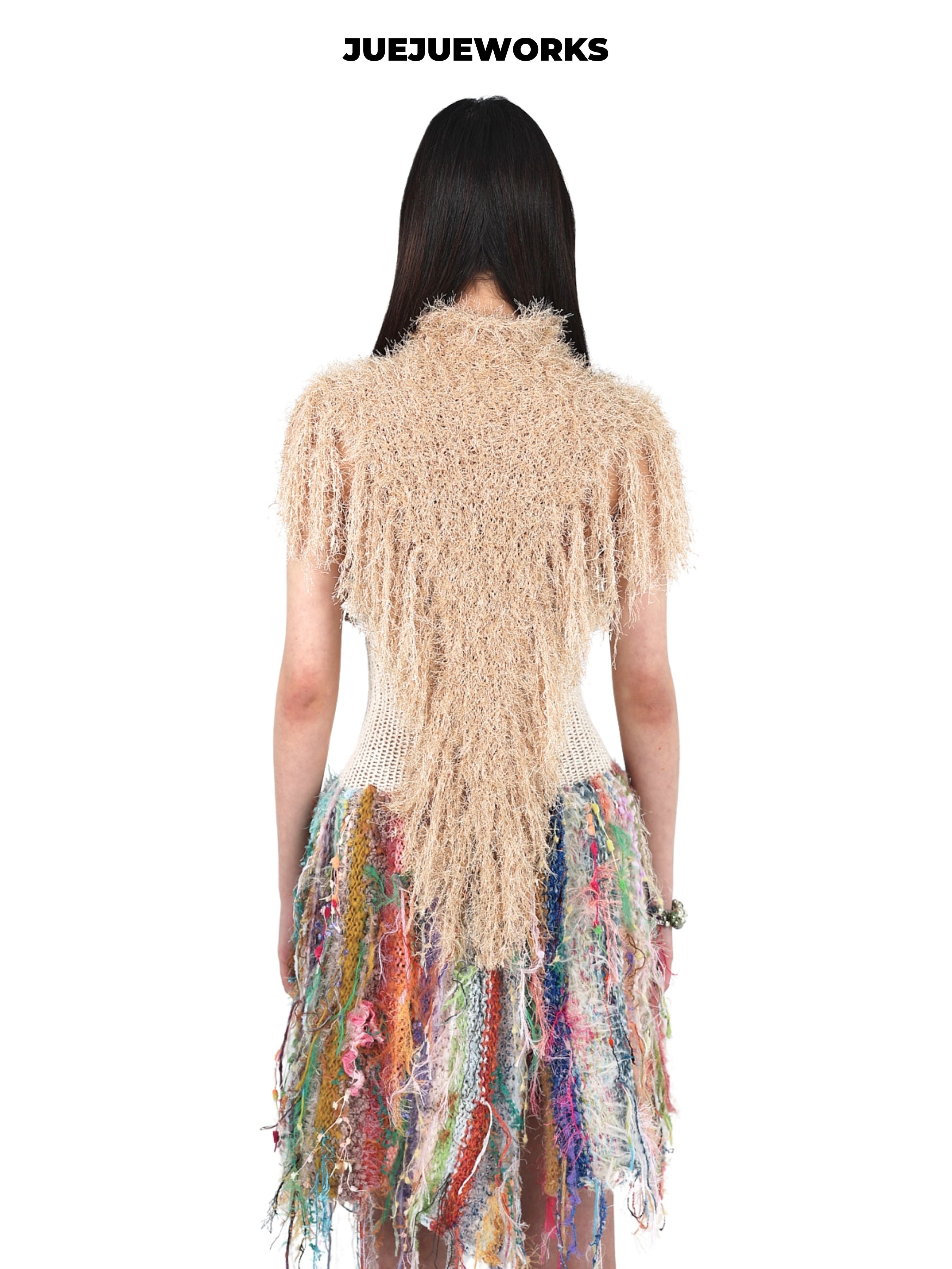 JUEJUEWORKS Original Fringe Cape, High-Stretch Handmade Yarn Knit Raw Edge Asymmetric Top