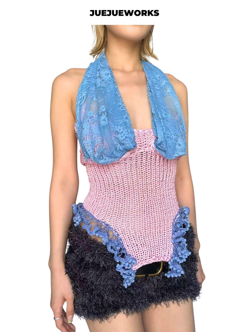JUEJUEWORKS Pink Blue Mermaid Knit Cami, High Stretch Adjustable Handmade Yarn Knit Summer Crop Top