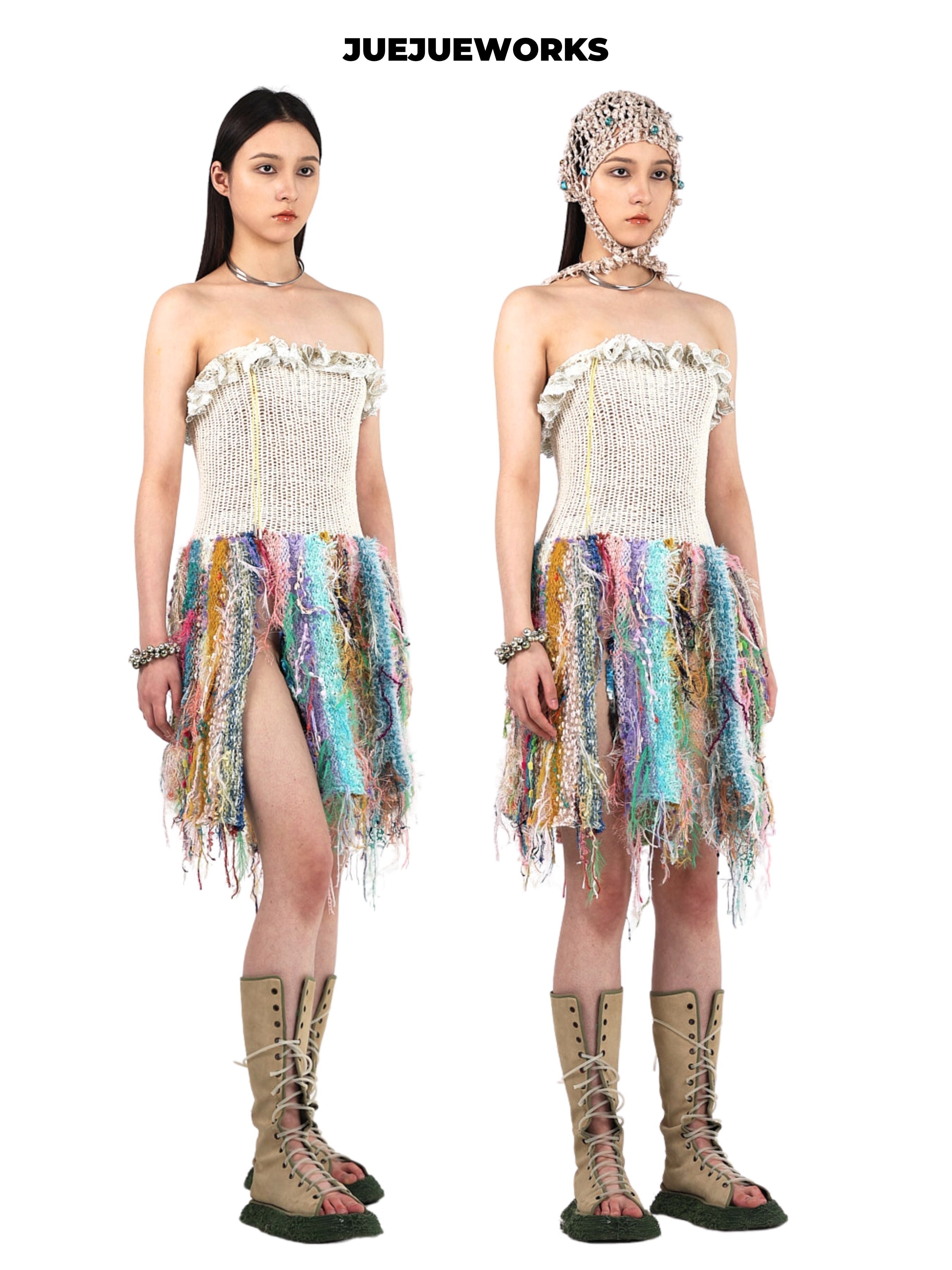 JUEJUEWORKS Convertible Bandeau Dress, Foldable As Skirt, High Stretch Handmade Yarn Knit