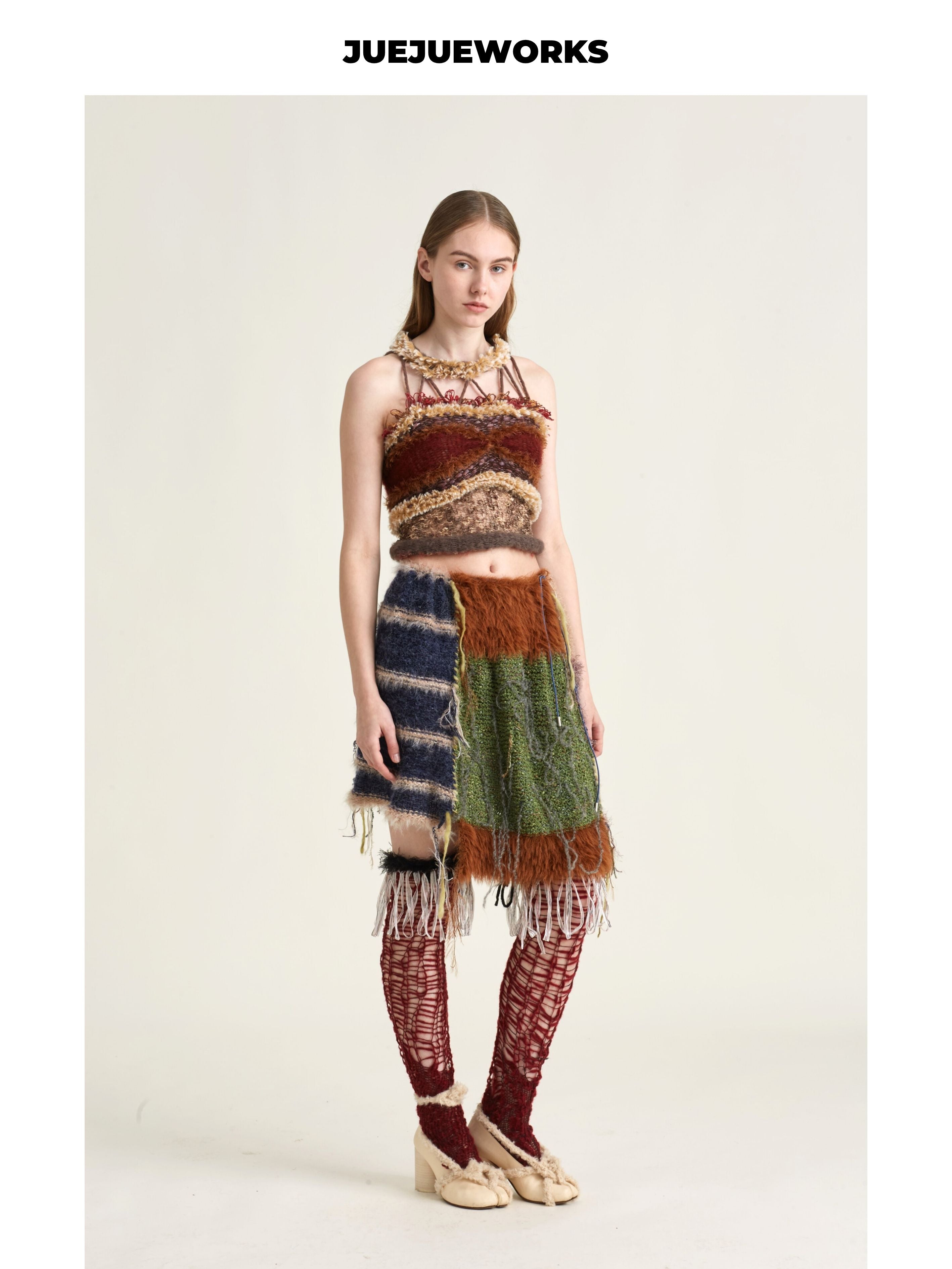 JUEJUEWORKS Distressed Fringe Lace-Up Knit Cami, Hollow Out High Stretch Handmade Knit Crop Top, Long & Short Two Versions