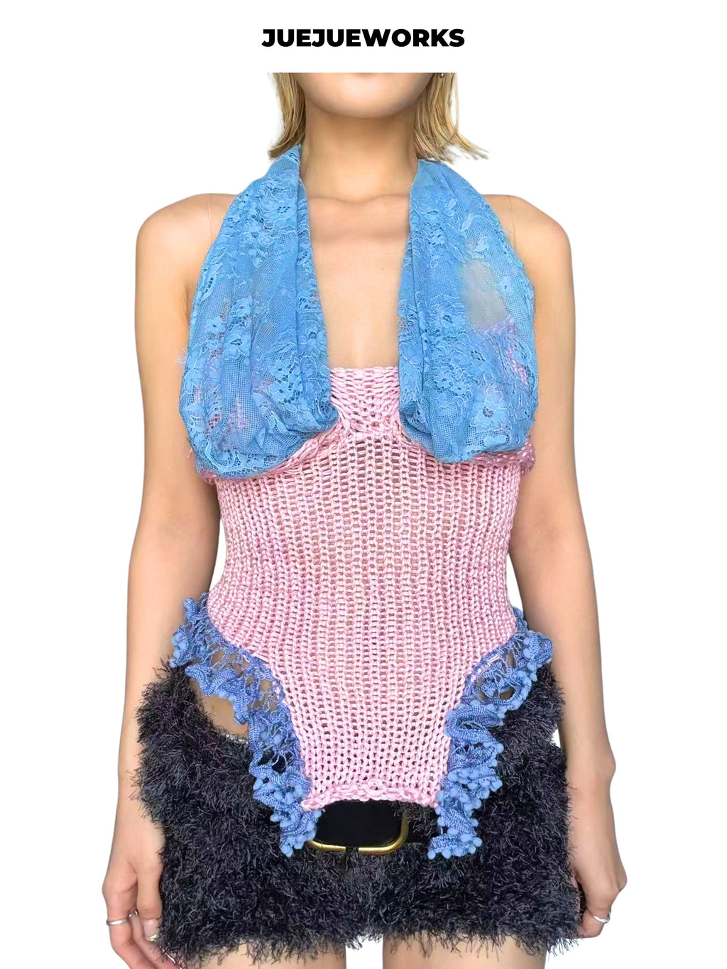 JUEJUEWORKS Pink Blue Mermaid Knit Cami, High Stretch Adjustable Handmade Yarn Knit Summer Crop Top