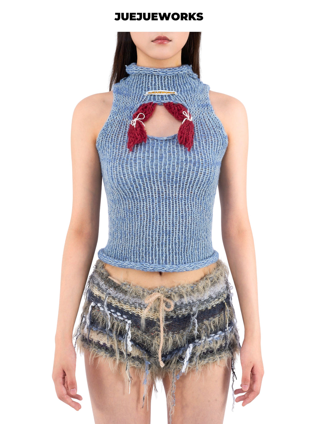 JUEJUEWORKS Stage Cutout Knit Tank Top, Original High Stretch Slim Fit Handmade Knit Sleeveless Top