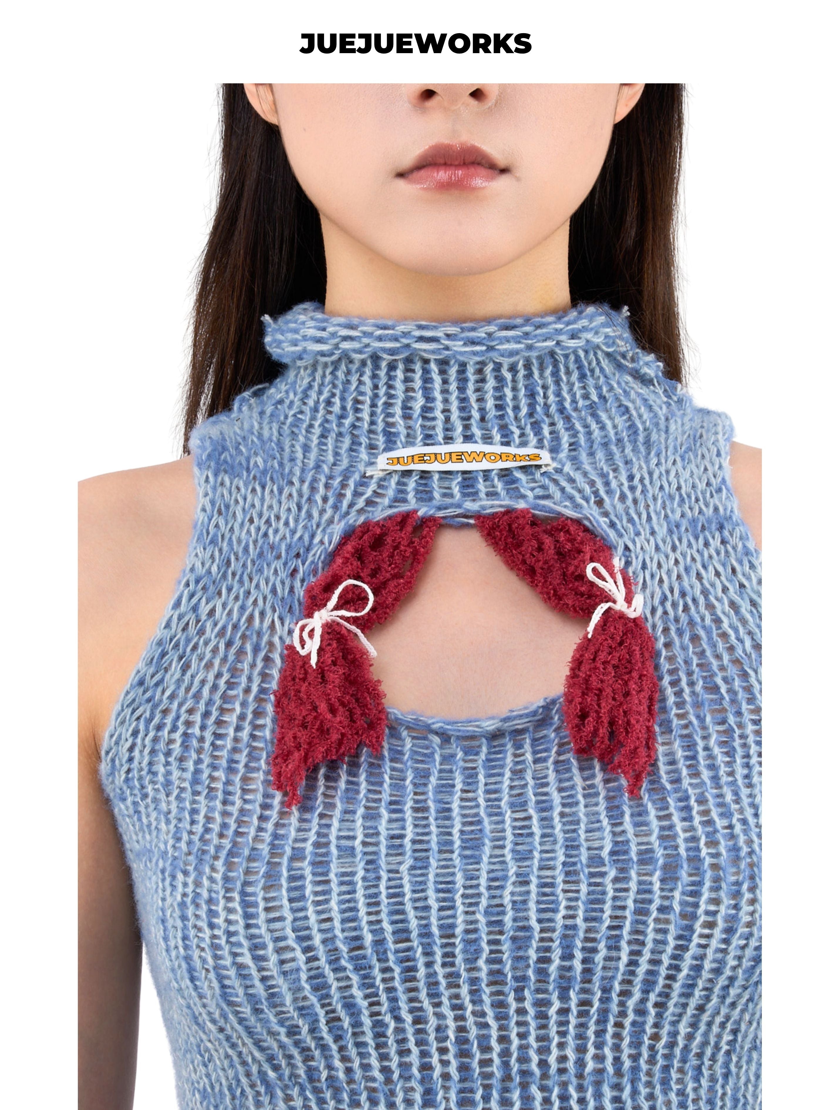 JUEJUEWORKS Stage Cutout Knit Tank Top, Original High Stretch Slim Fit Handmade Knit Sleeveless Top