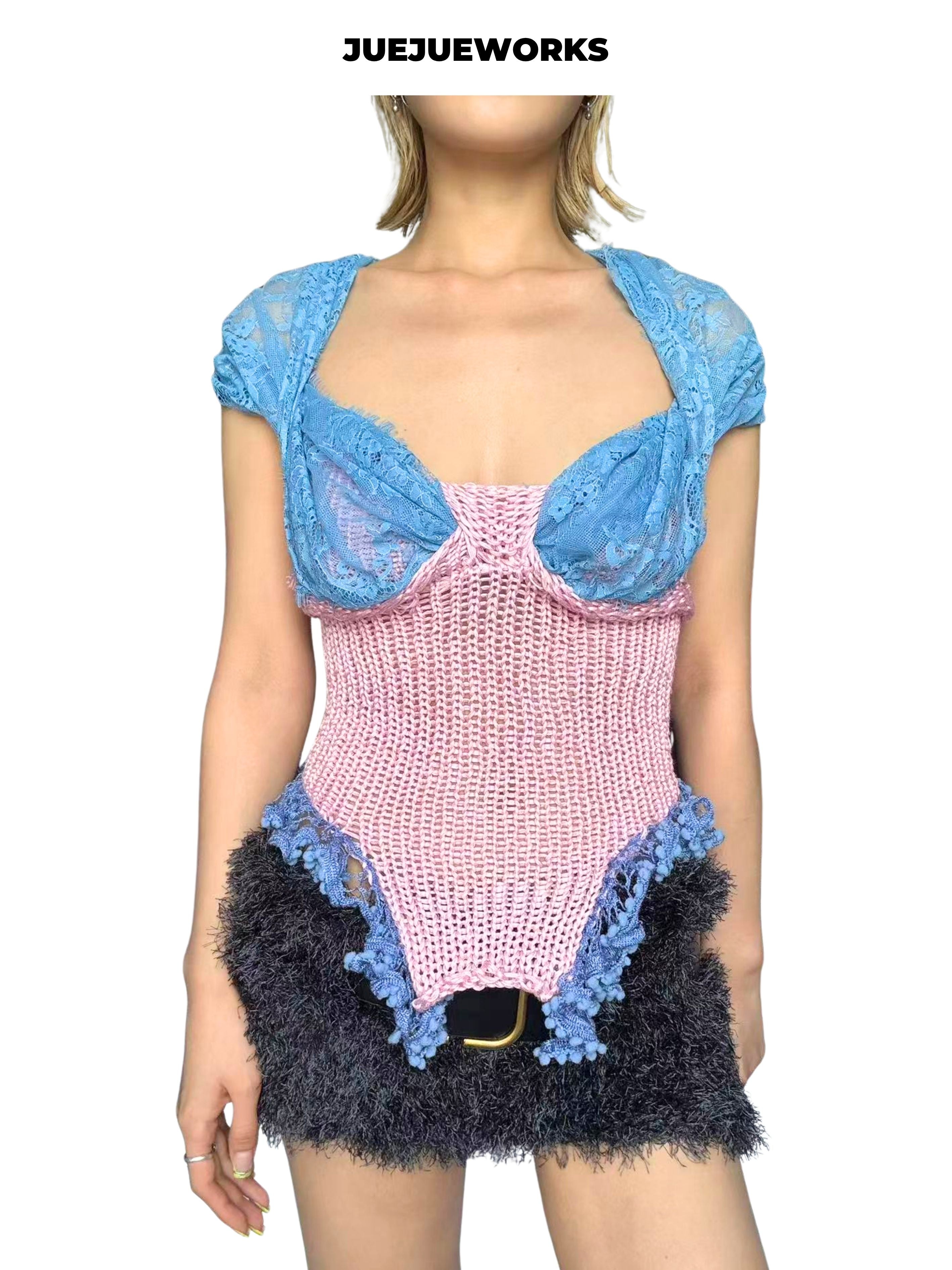 JUEJUEWORKS Pink Blue Mermaid Knit Cami, High Stretch Adjustable Handmade Yarn Knit Summer Crop Top