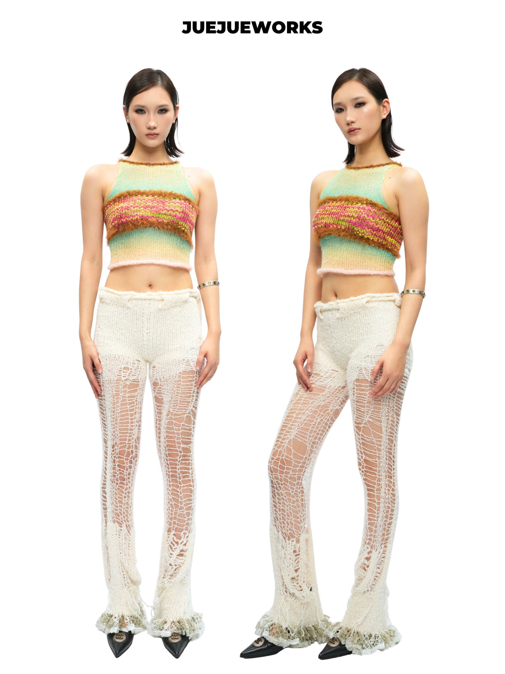 JUEJUEWORKS Yellow Gradient Rainbow Knit Cami Top, Original Color Block Tie Back Handmade Knit Camisole