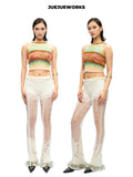 JUEJUEWORKS Yellow Gradient Rainbow Knit Cami Top, Original Color Block Tie Back Handmade Knit Camisole